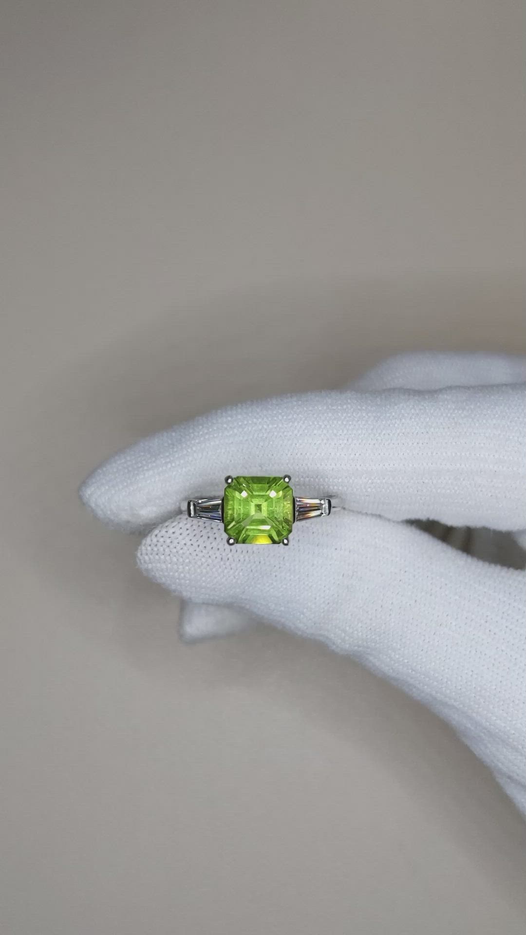1.83 Ct. Green Peridot and Natural Diamond Three Stone Ring, Platinum 950 Size Video