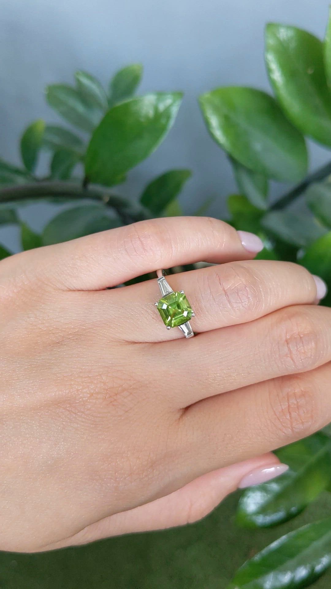 1.83 Ct. Green Peridot and Natural Diamond Three Stone Ring, Platinum 950 Size Video