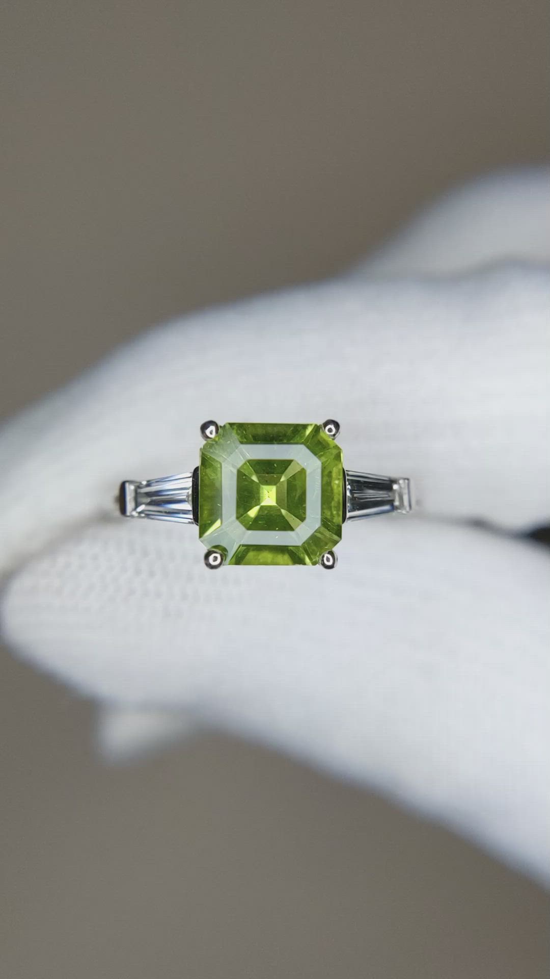 1.83 Ct. Green Peridot and Natural Diamond Three Stone Ring, Platinum 950 Size Video