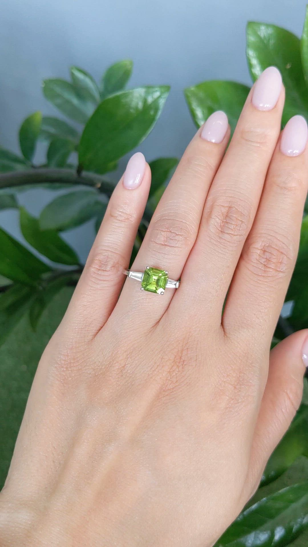 1.83 Ct. Green Peridot and Natural Diamond Three Stone Ring, Platinum 950 Size Video