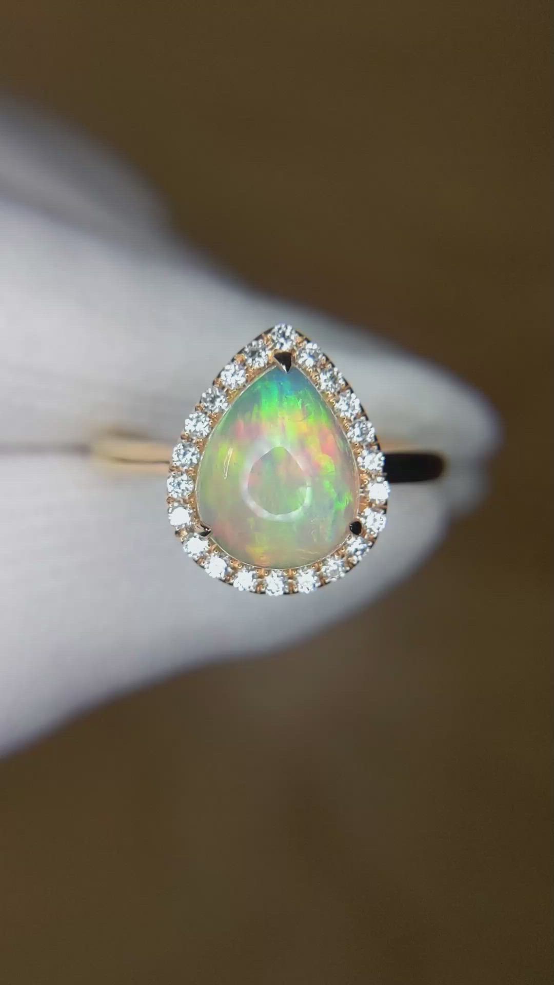 2.02 Ct. Opal Natural Diamond Halo Ring, 14K Yellow Gold Size Video