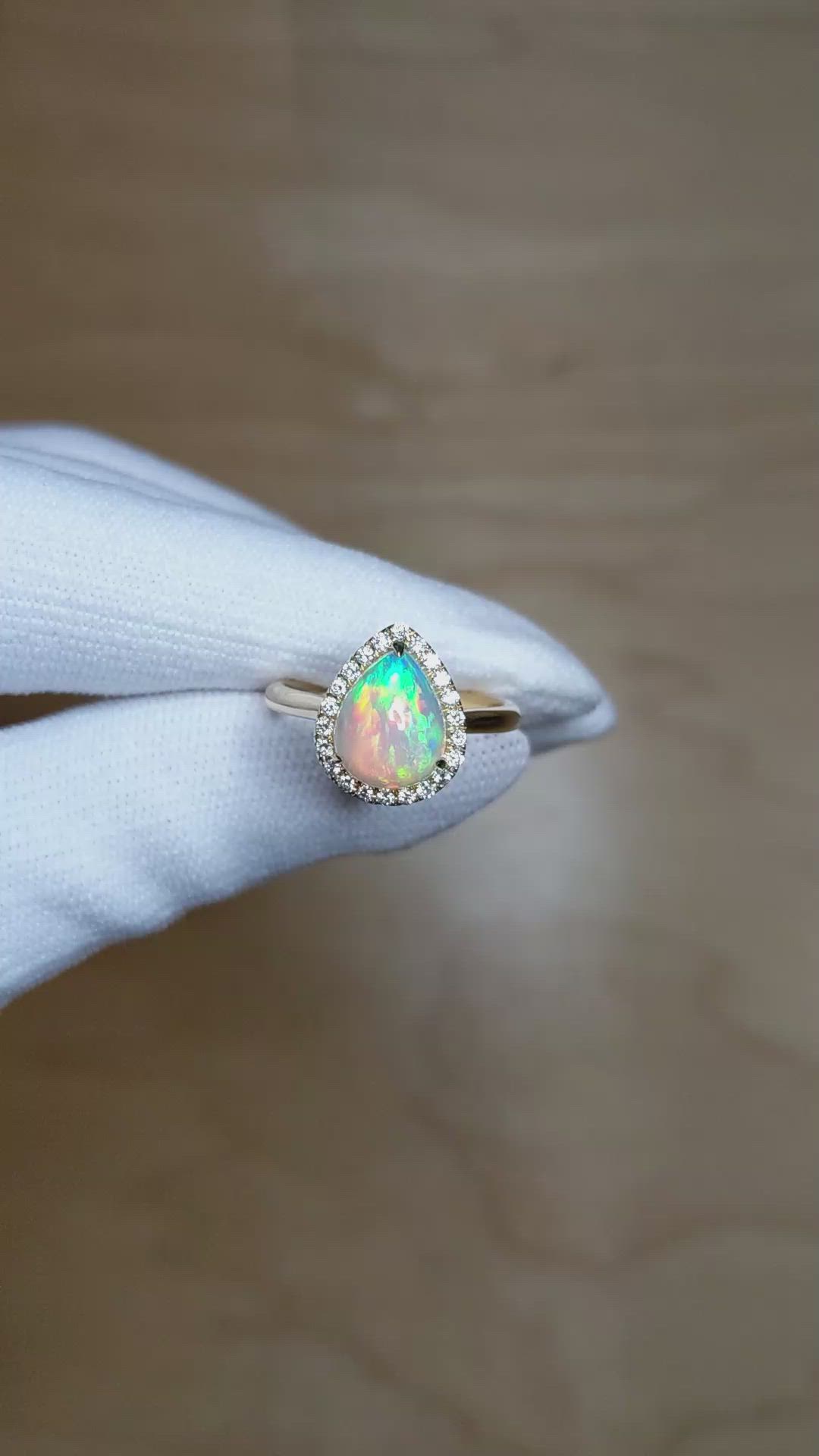 2.02 Ct. Opal Natural Diamond Halo Ring, 14K Yellow Gold Size Video