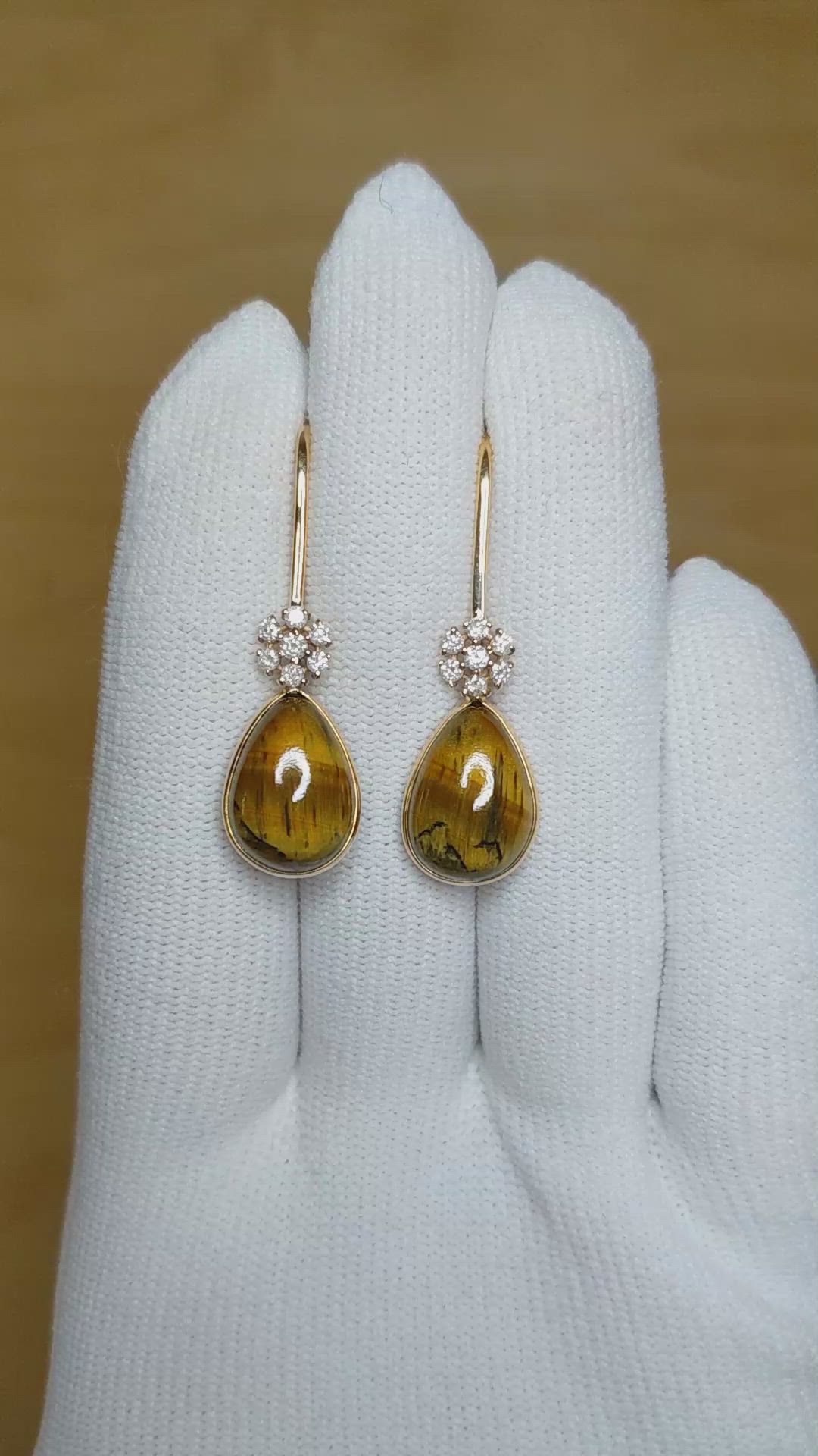 11.40 Ct.Tw. Tiger's Eye Natural Diamond Bezel Earrings, 14K Yellow Gold Size Video