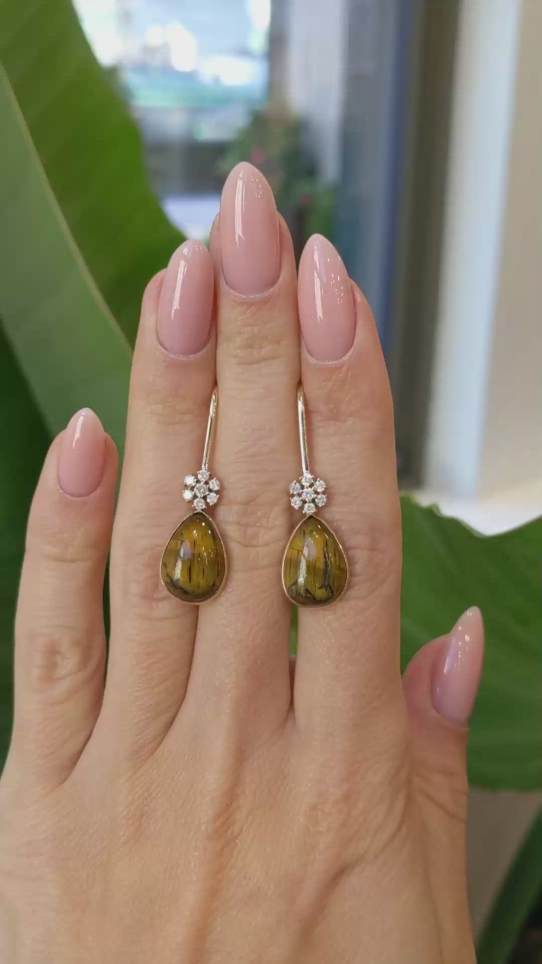 11.40 Ct.Tw. Tiger's Eye Natural Diamond Bezel Earrings, 14K Yellow Gold Size Video