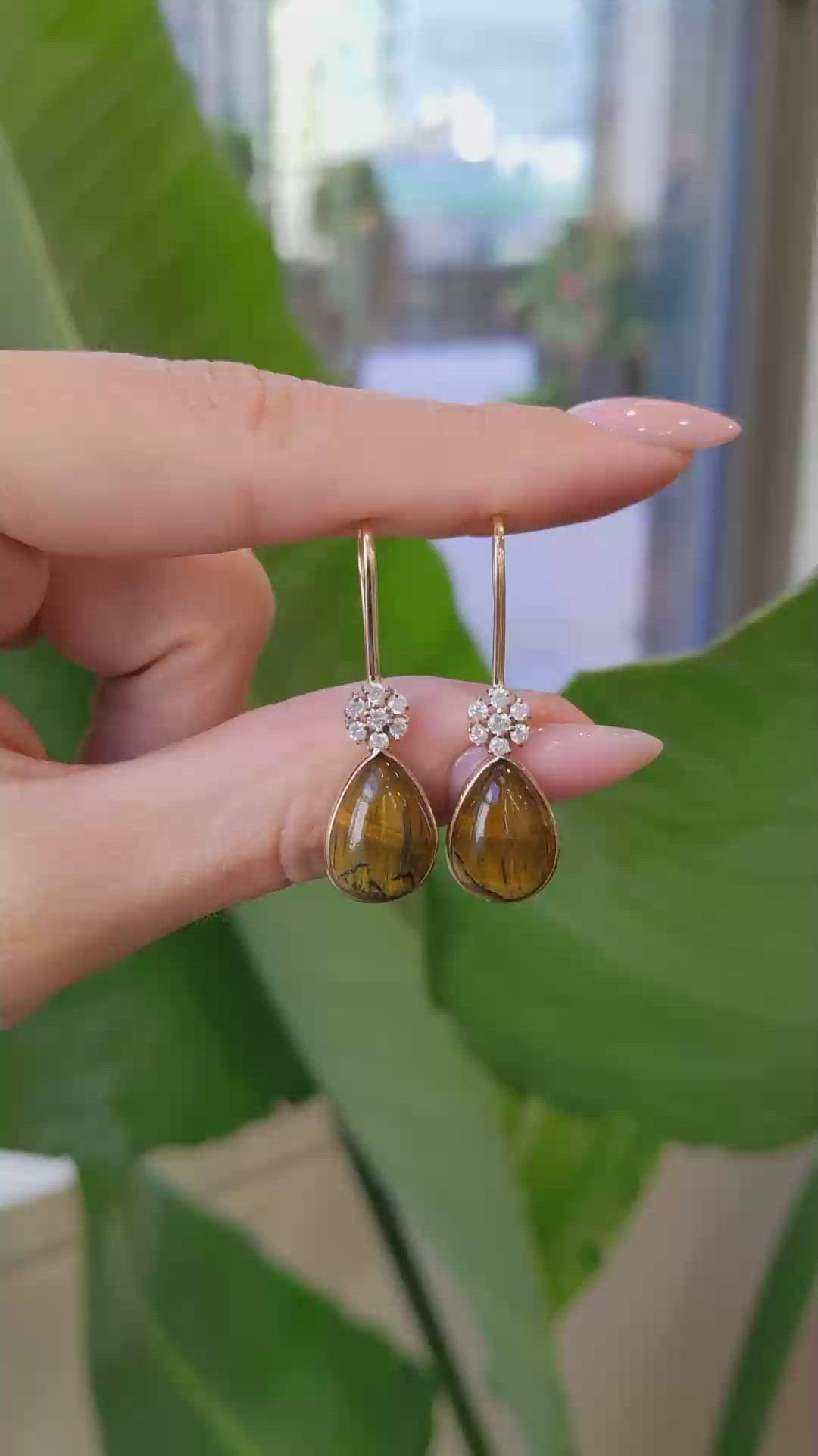 11.40 Ct.Tw. Tiger's Eye Natural Diamond Bezel Earrings, 14K Yellow Gold Size Video