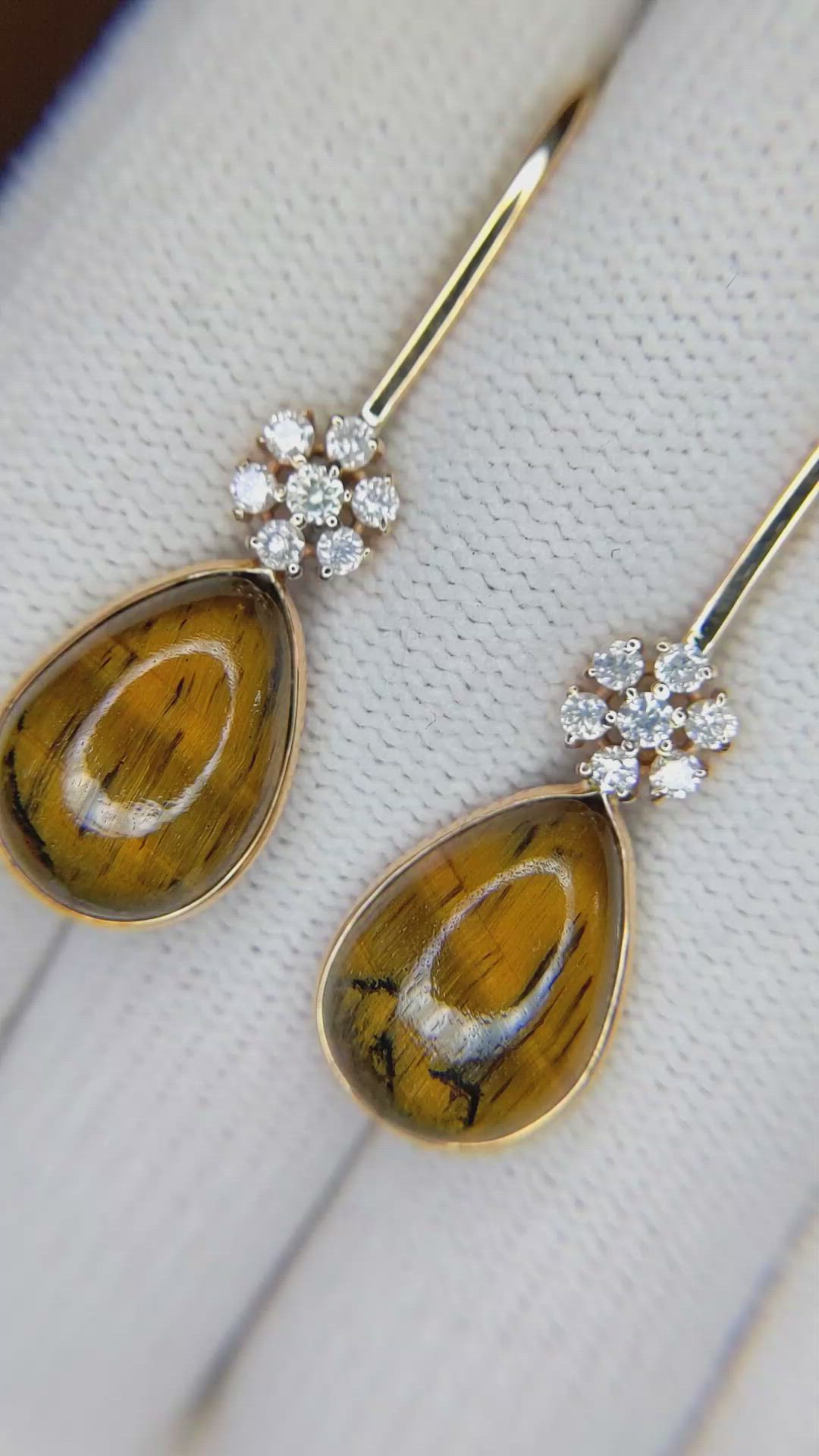 11.40 Ct.Tw. Tiger's Eye Natural Diamond Bezel Earrings, 14K Yellow Gold Size Video