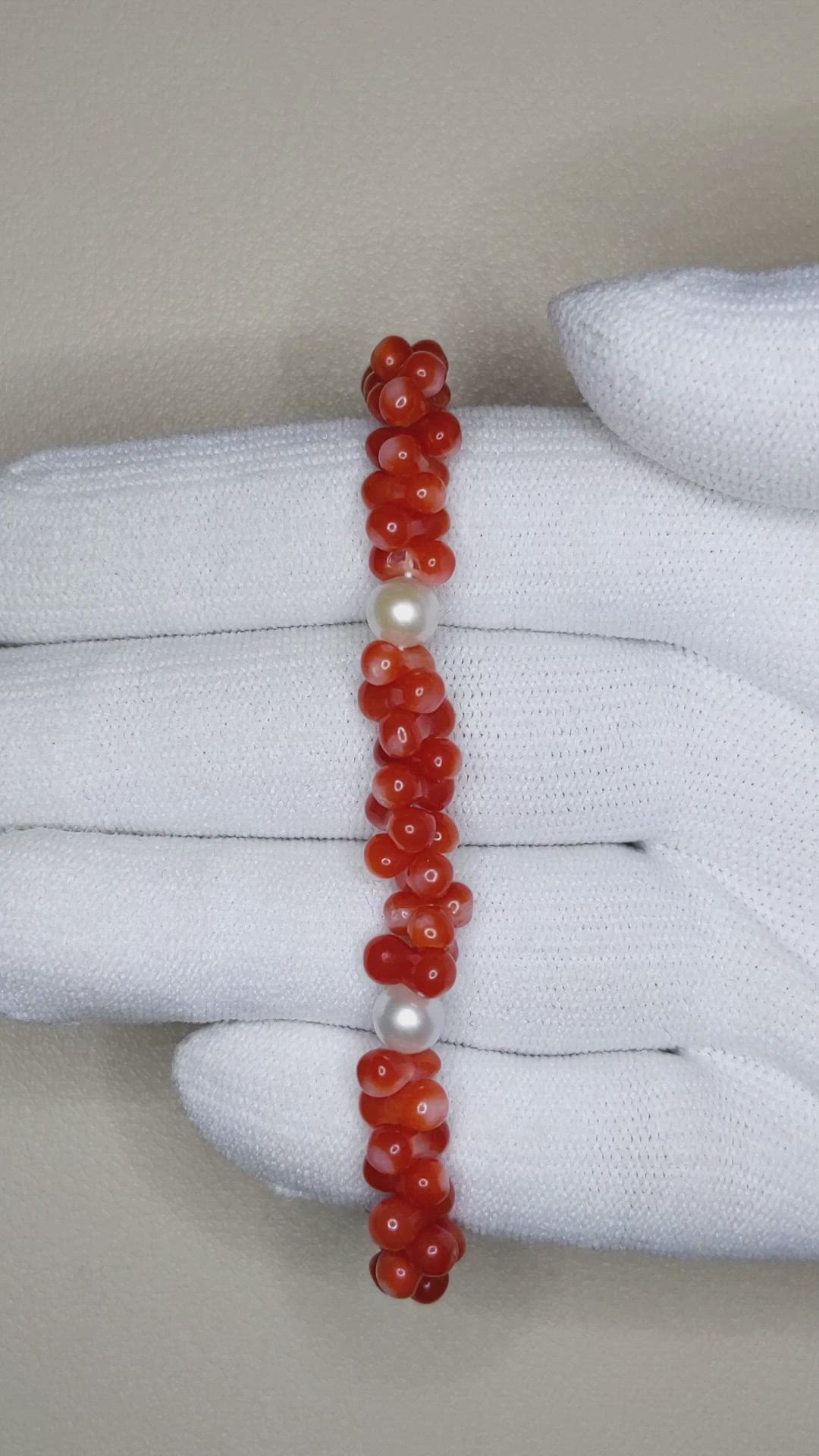 33.05 Ct.Tw. Coral Pearl Tennis/Riviere Bracelet, 18K Yellow Gold Size Video