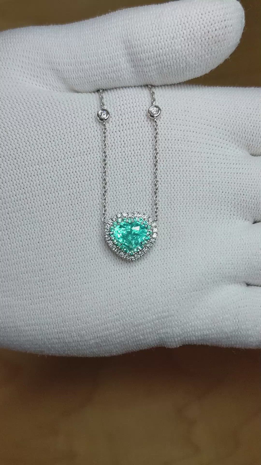 1.83 Ct. Paraiba Tourmaline Natural Diamond Pave Necklace, 18K White Gold Size Video