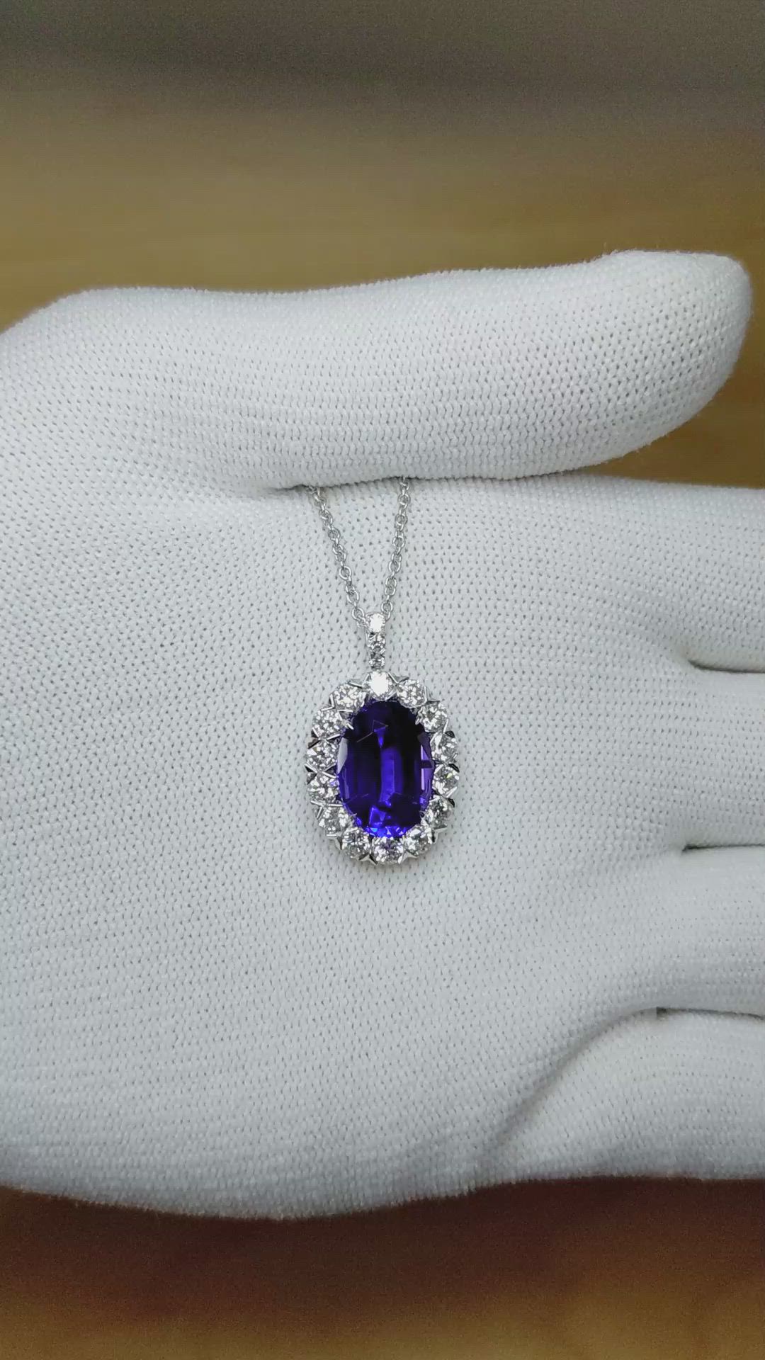 4.95 Ct. Tanzanite Natural Diamond Pave Pendant, 18K White Gold Size Video