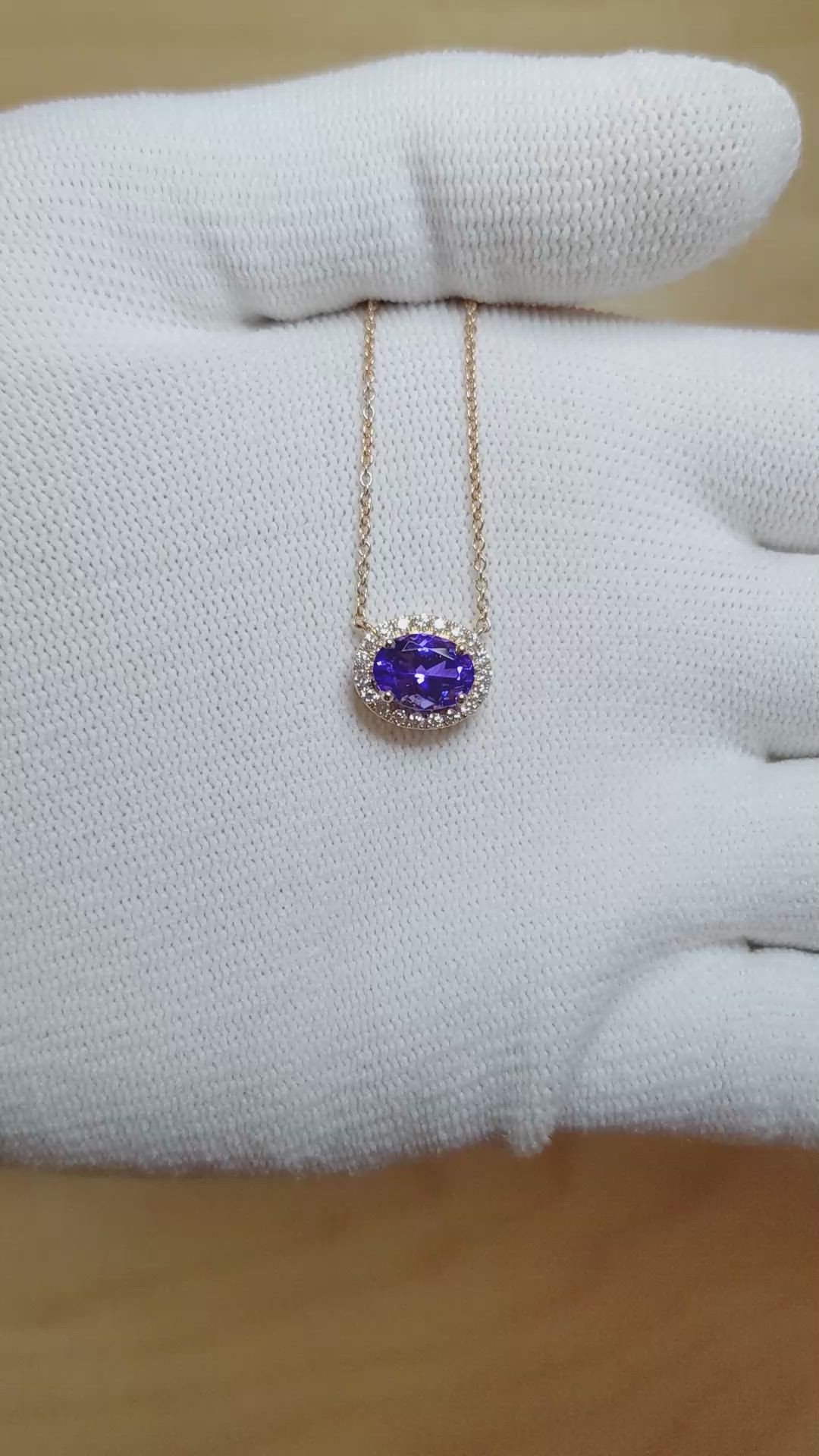 1.35 Ct. Tanzanite Natural Diamond Pave Necklace, 14K Rose Gold Size Video