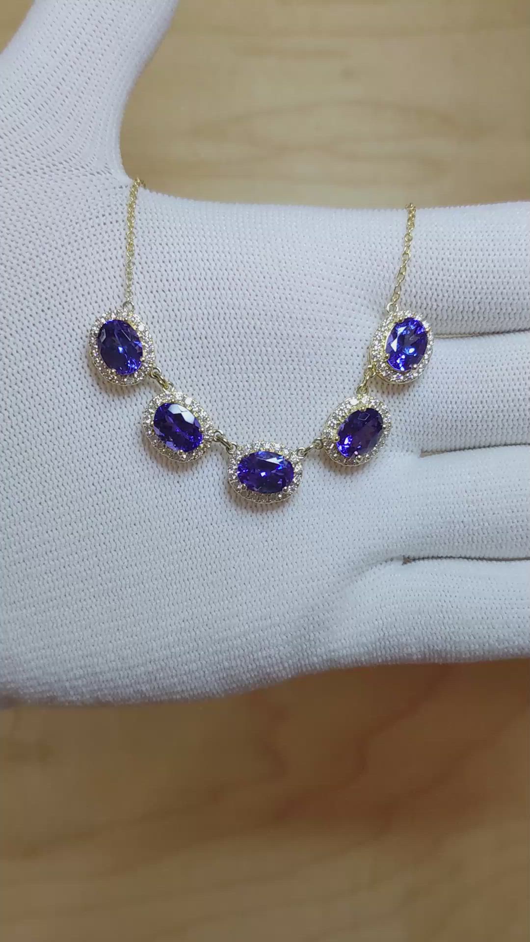 6.86 Ct. Tanzanite Natural Diamond Pave Necklace, 14K Yellow Gold Size Video