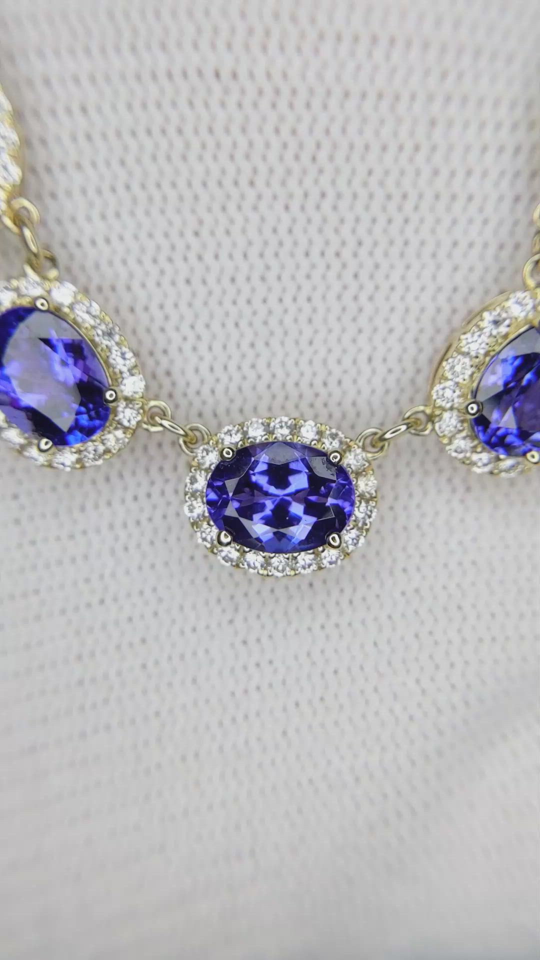 6.86 Ct. Tanzanite Natural Diamond Pave Necklace, 14K Yellow Gold Size Video