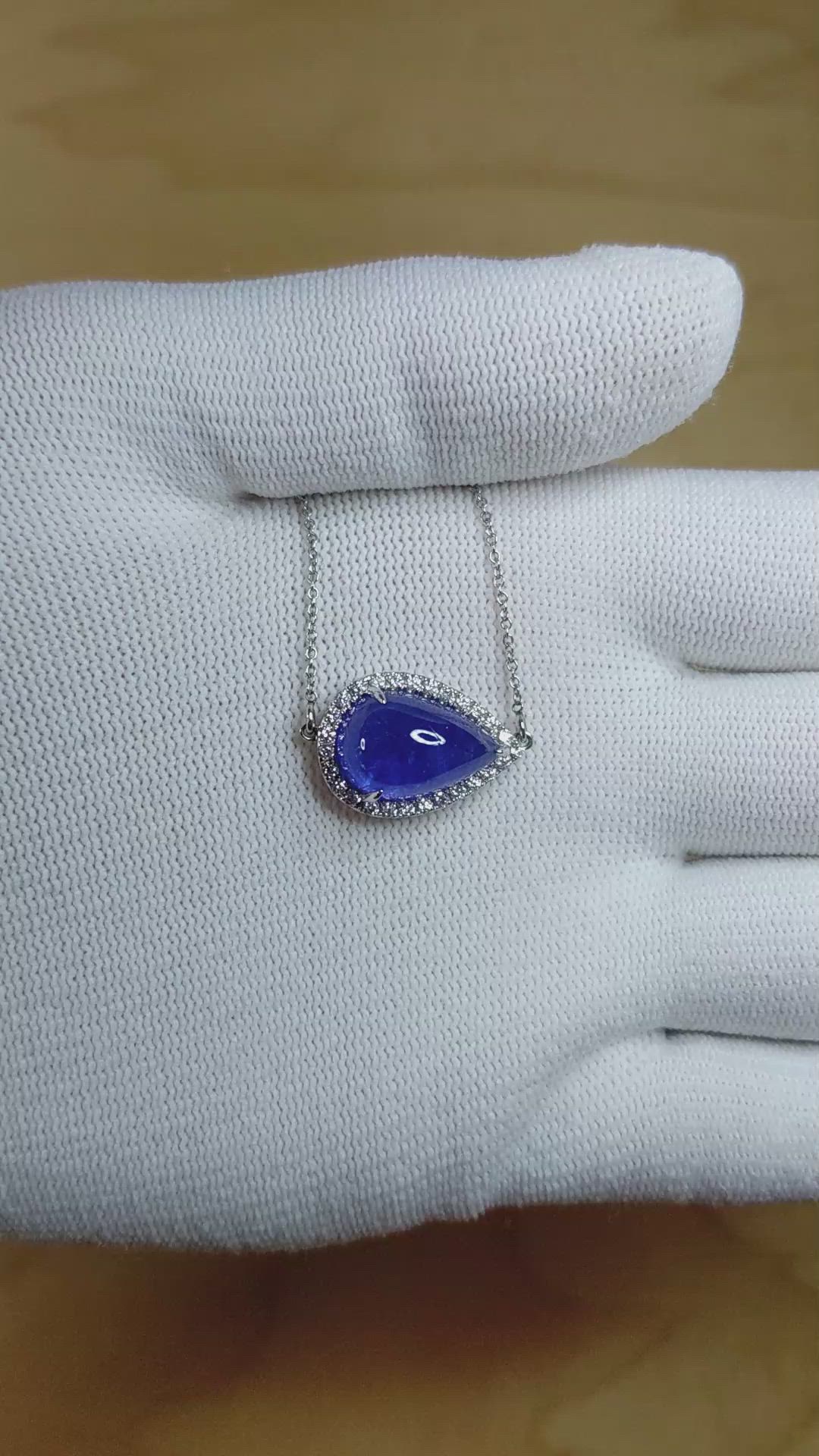 7.27 Ct. Tanzanite Natural Diamond Pave Necklace, 14K White Gold Size Video