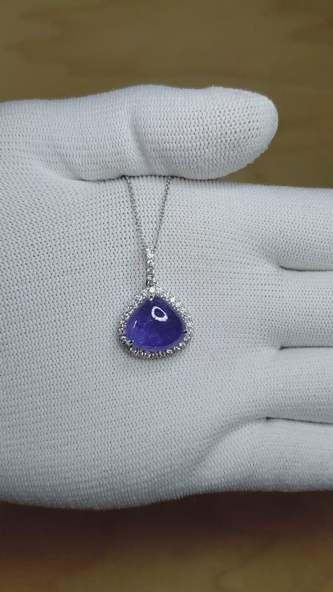 8.41 Ct. Tanzanite Natural Diamond Pave Pendant, 14K White Gold Size Video