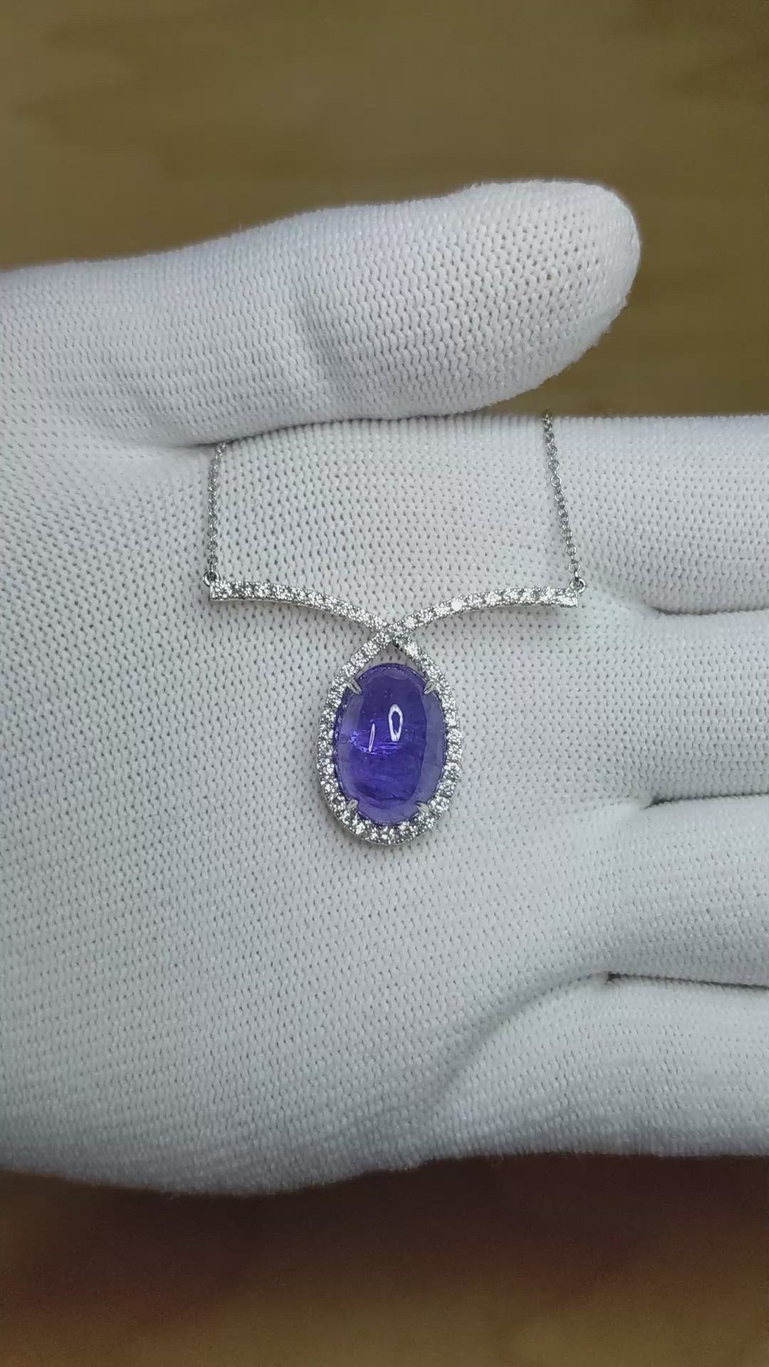 12.24 Ct. Tanzanite Natural Diamond Pave Necklace, 14K White Gold Size Video