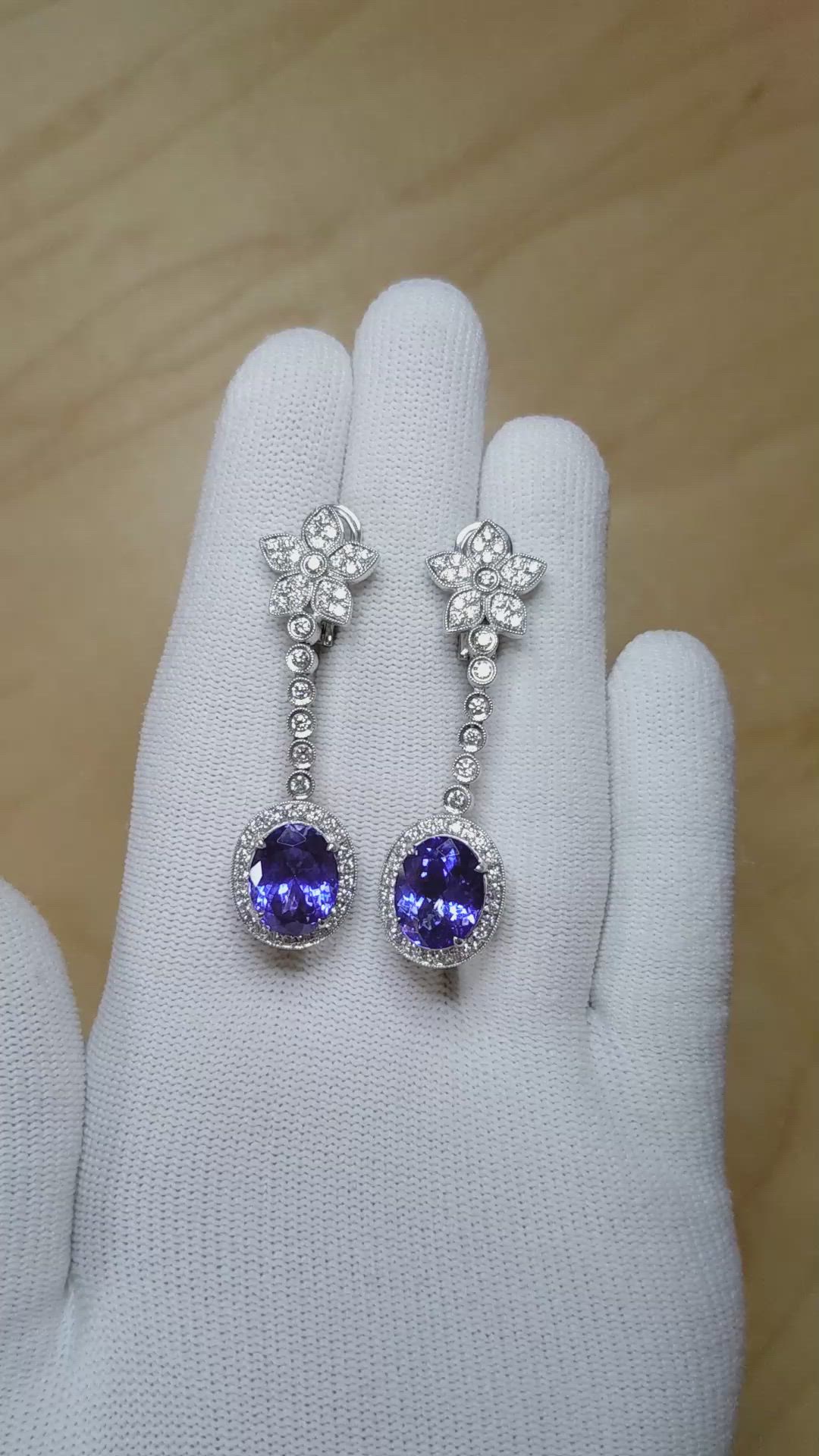 10.10 Ct.Tw. Tanzanite Natural Diamond Pave Earrings, 18K White Gold Size Video