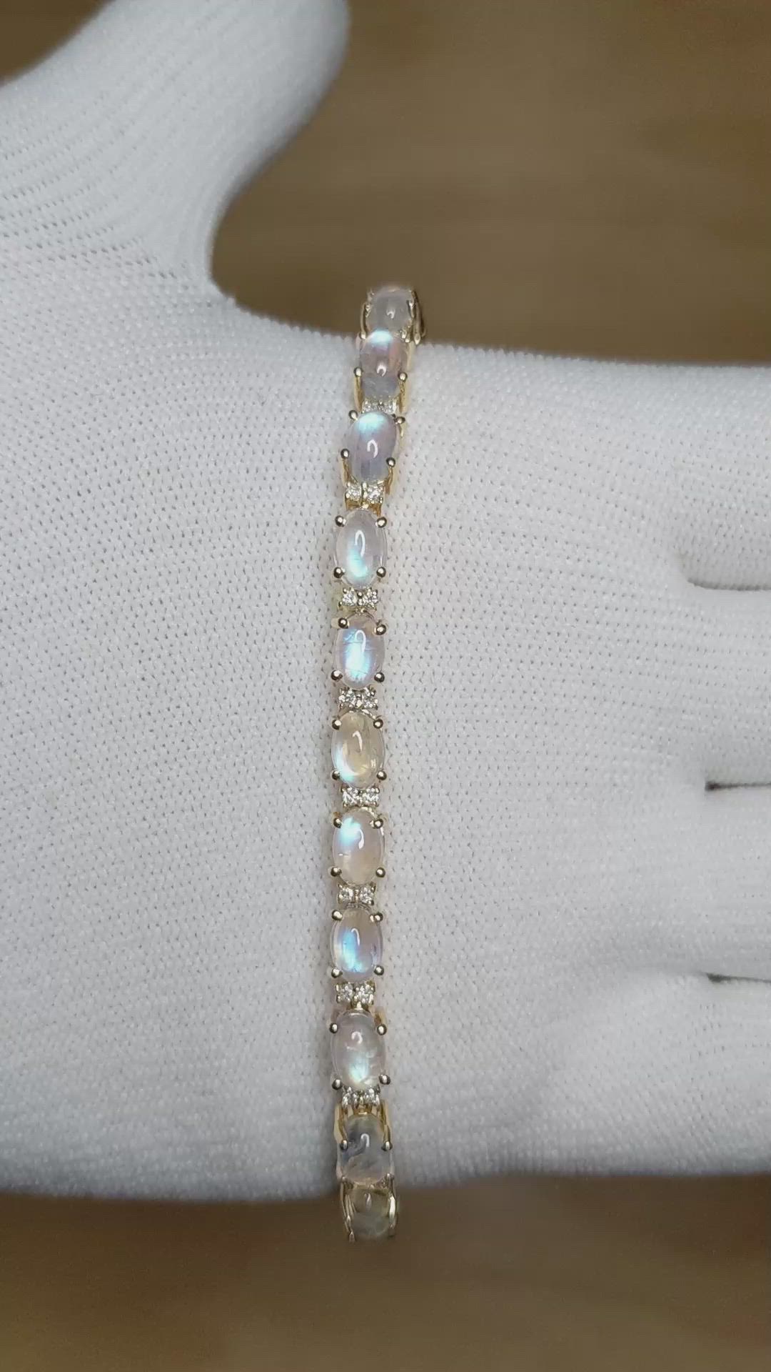 13.70 Ct.Tw.Total Carat Weight Moonstone Natural Diamond Tennis/Line Bracelet, 14K Yellow Gold Size Video