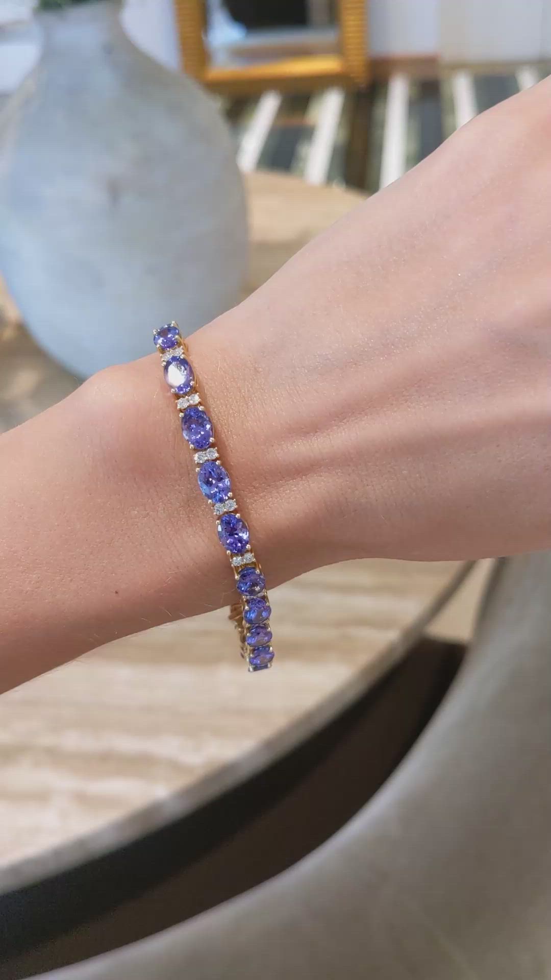 16.45 Ct.Tw.Total Carat Weight Tanzanite Natural Diamond Tennis/Line Bracelet, 14K Yellow Gold Size Video