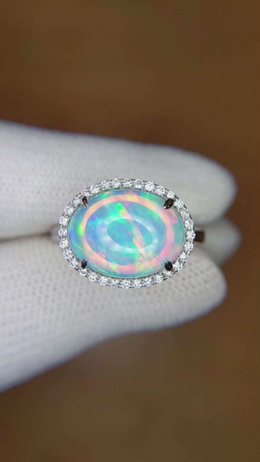 3.66 Ct. Opal Natural Diamond Pave Ring, 14K White Gold Size Video