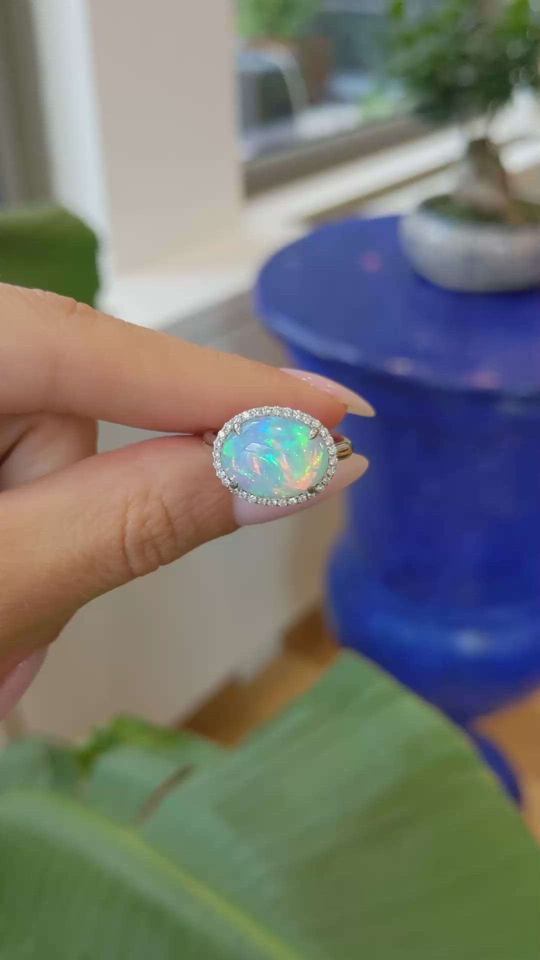 3.66 Ct. Opal Natural Diamond Pave Ring, 14K White Gold Size Video