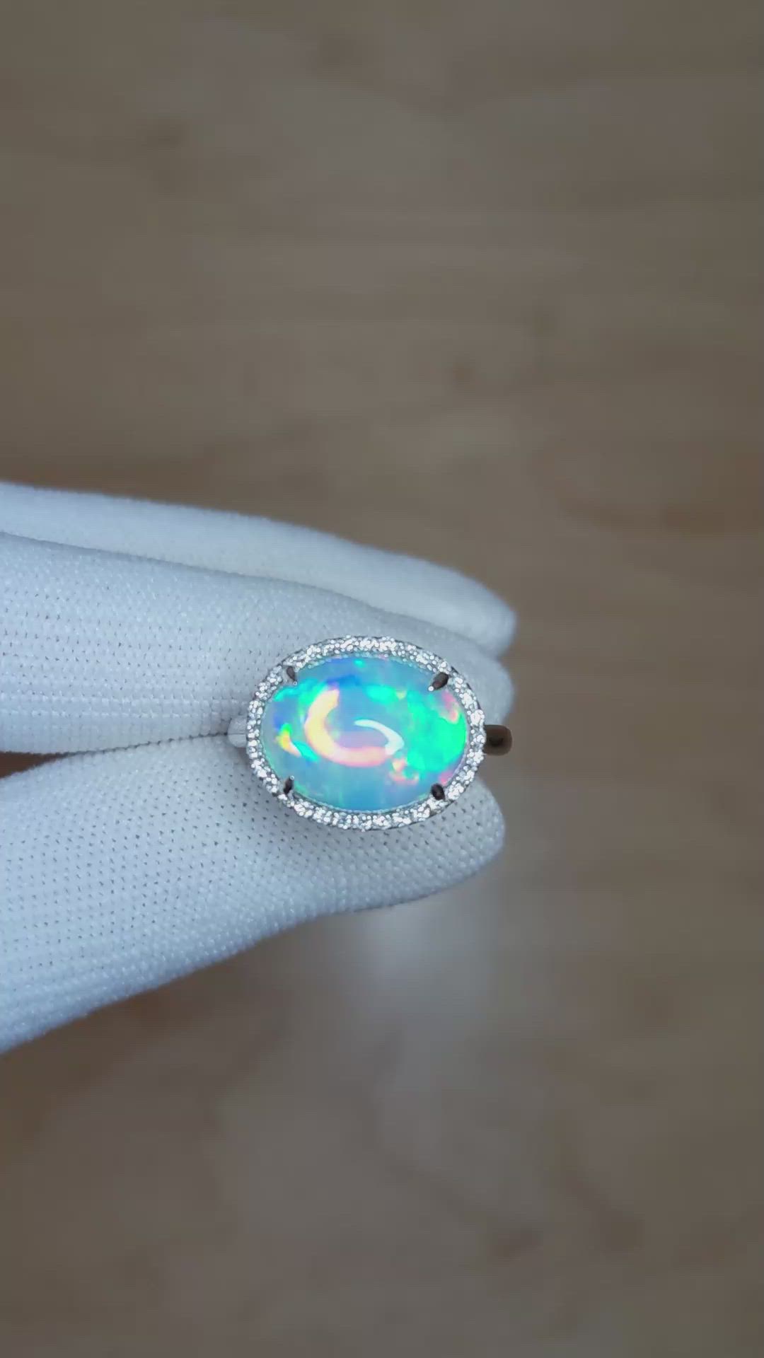3.66 Ct. Opal Natural Diamond Pave Ring, 14K White Gold Size Video