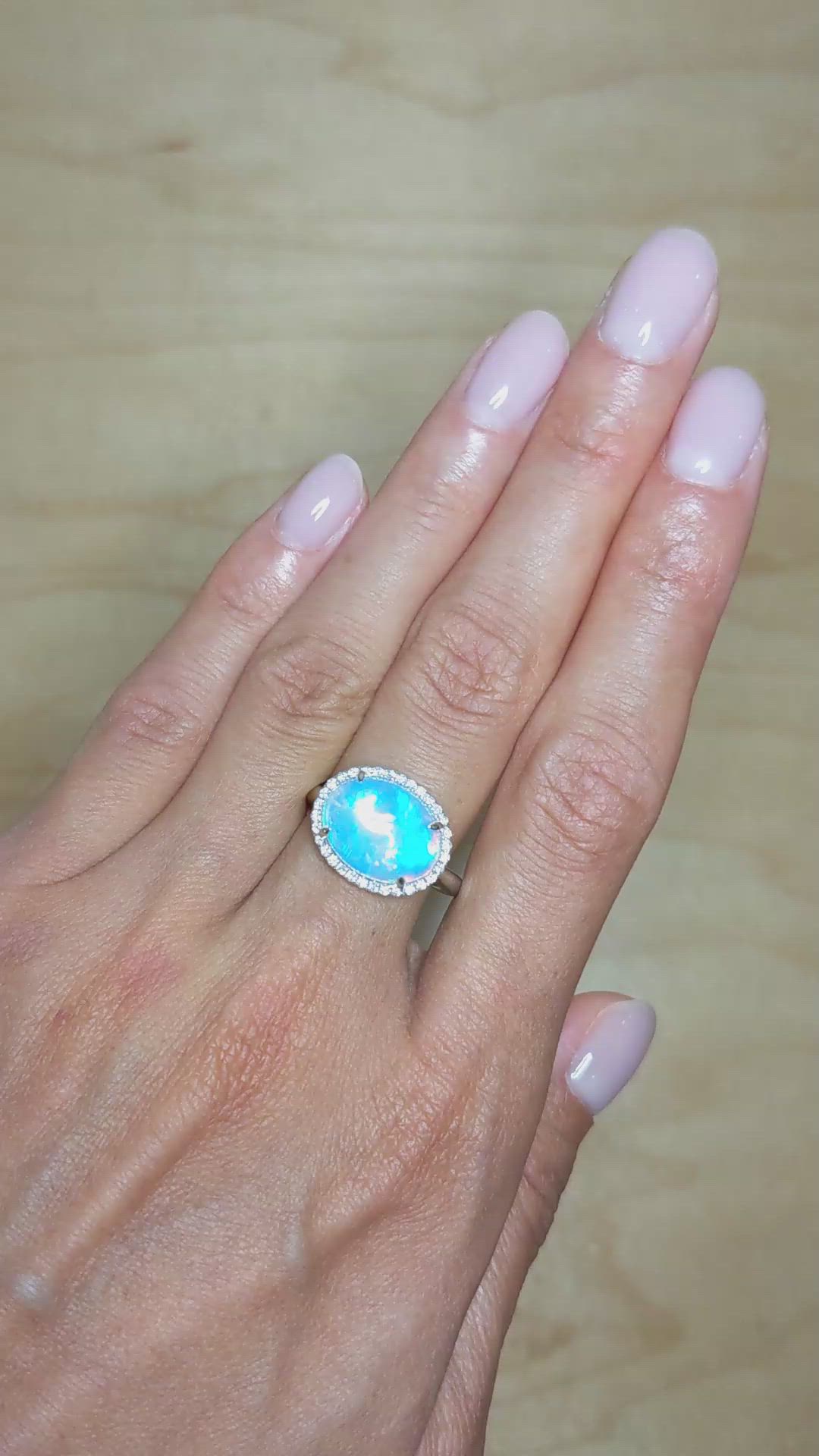 3.66 Ct. Opal Natural Diamond Pave Ring, 14K White Gold Size Video
