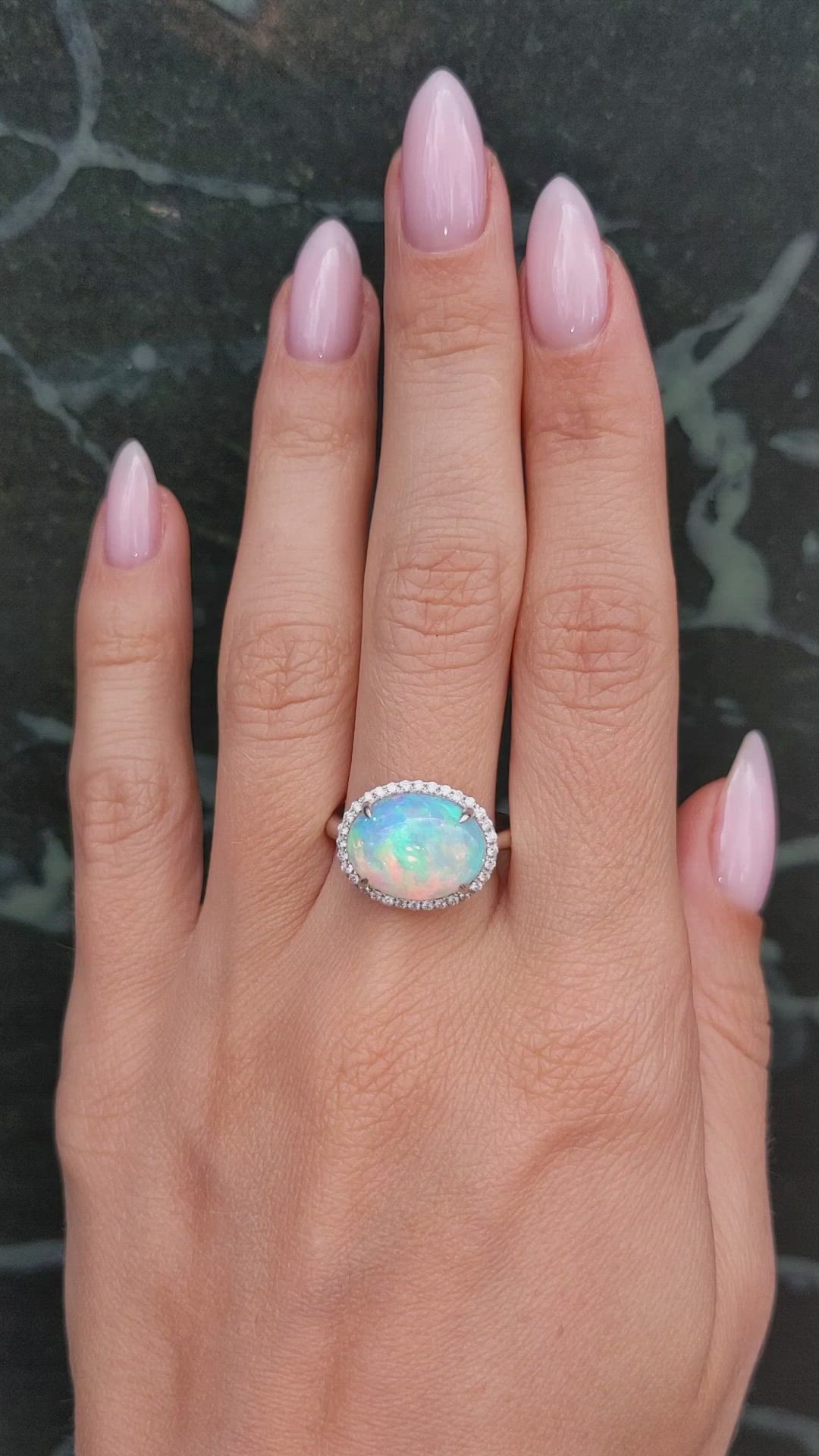 3.66 Ct. Opal Natural Diamond Pave Ring, 14K White Gold Size Video