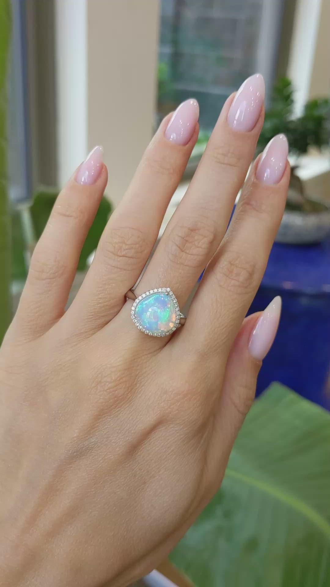 4.52 Ct. Opal Natural Diamond Pave Ring, 14K White Gold Size Video