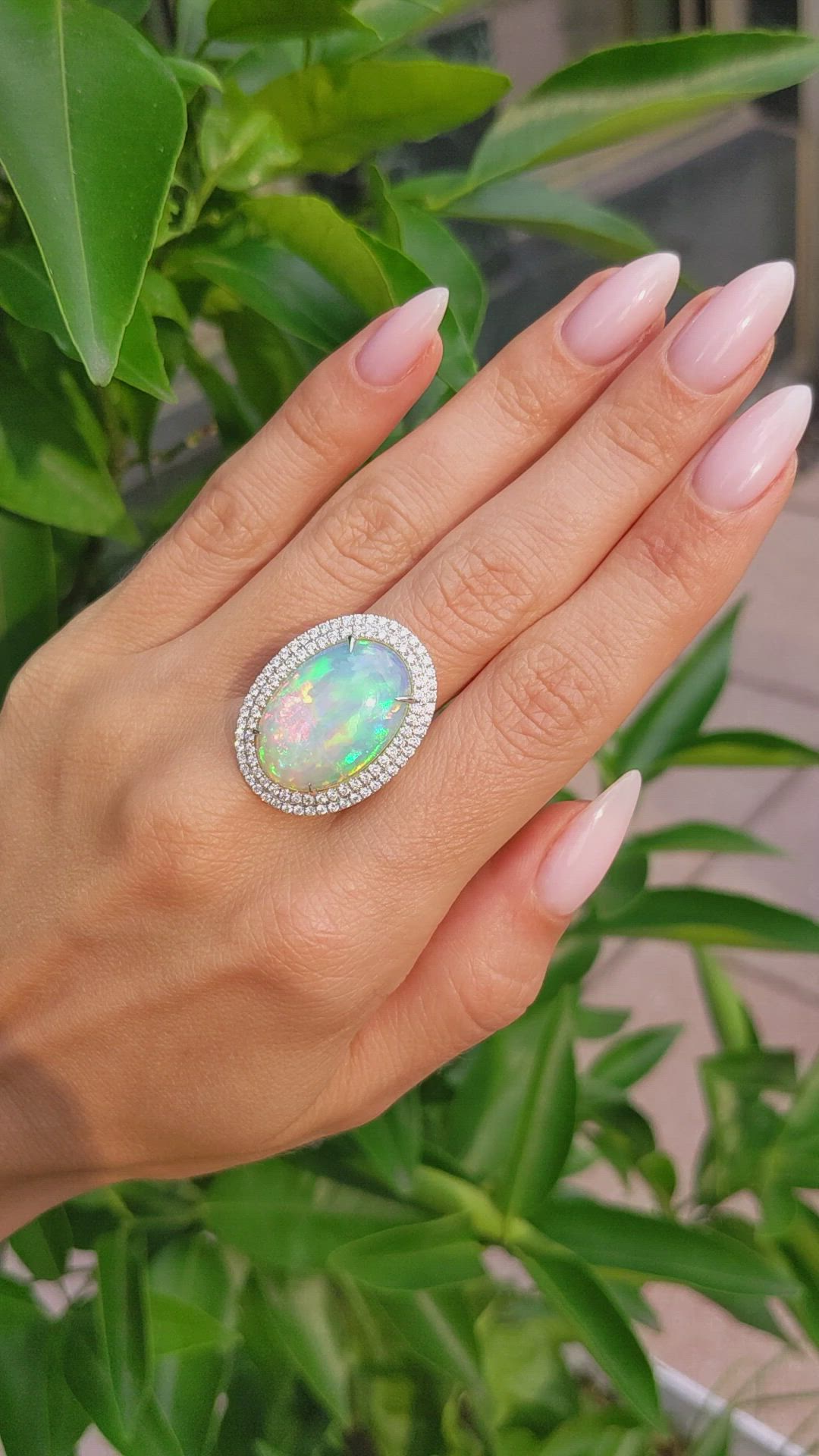 9.21 Ct. Opal Natural Diamond Pave Ring, 14K White Gold Size Video