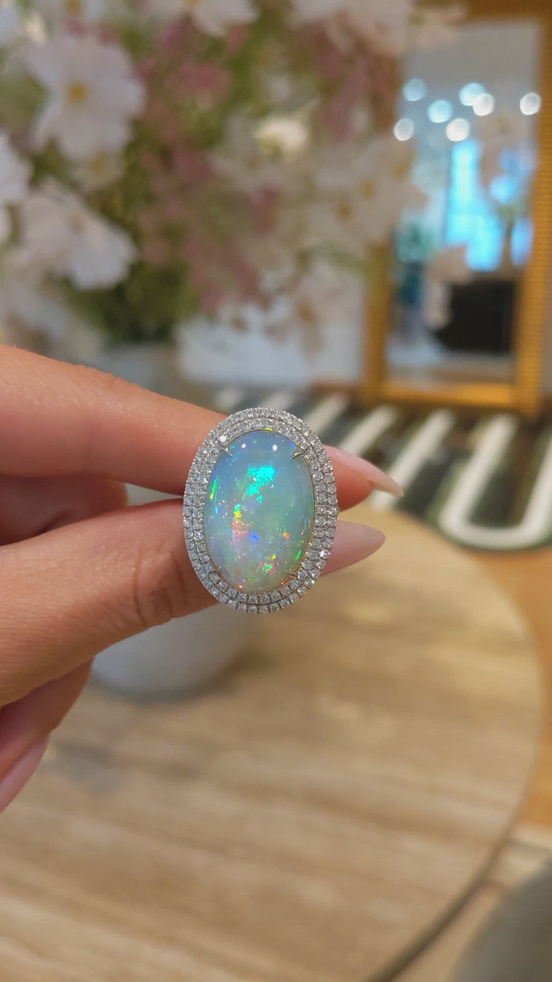 9.21 Ct. Opal Natural Diamond Pave Ring, 14K White Gold Size Video