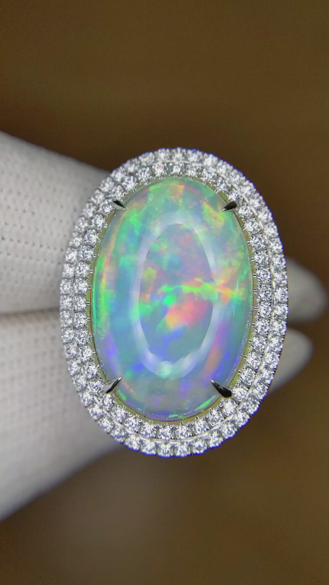 9.21 Ct. Opal Natural Diamond Pave Ring, 14K White Gold Size Video