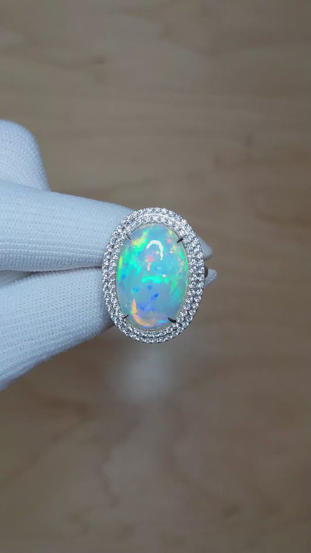 9.21 Ct. Opal Natural Diamond Pave Ring, 14K White Gold Size Video
