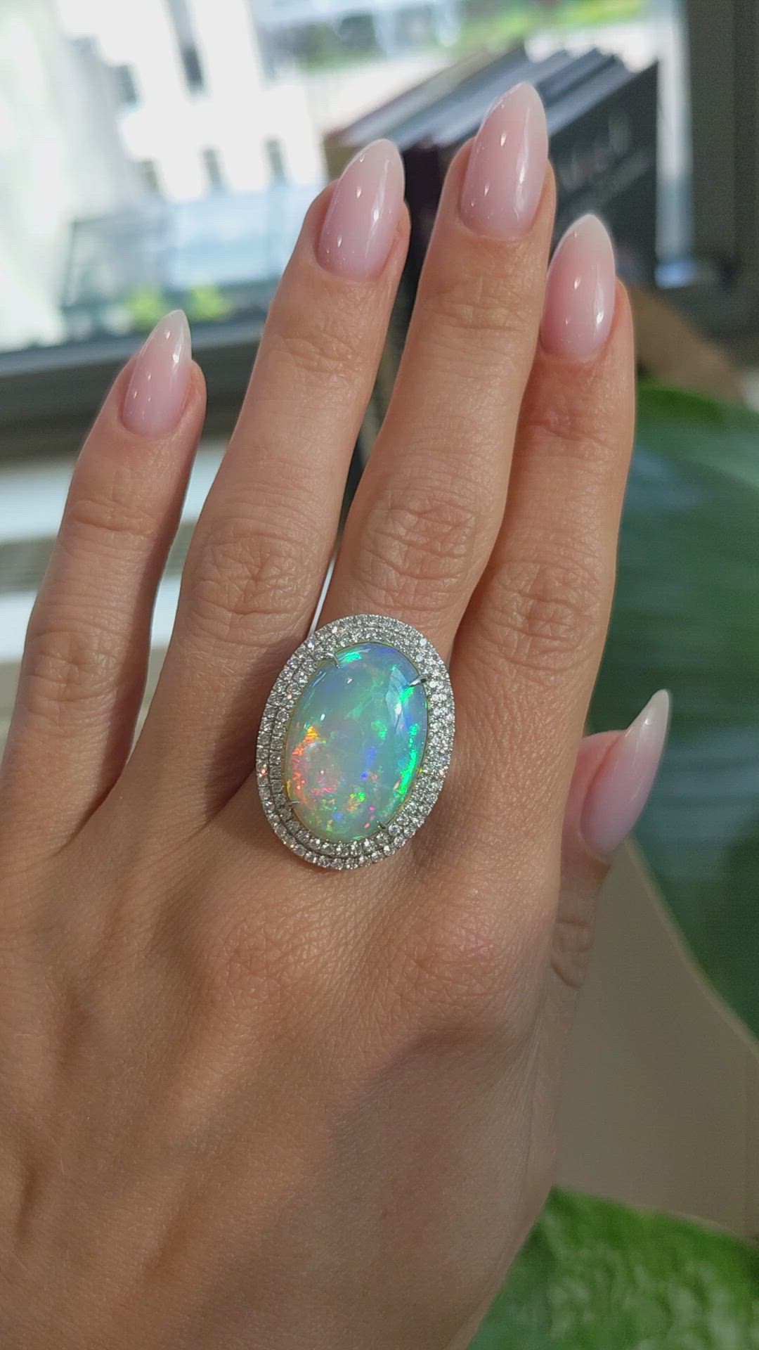 9.21 Ct. Opal Natural Diamond Pave Ring, 14K White Gold Size Video