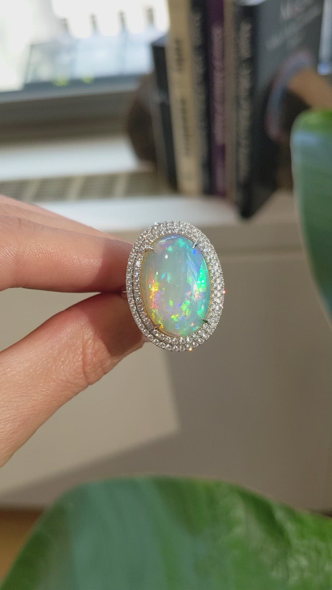 9.21 Ct. Opal Natural Diamond Pave Ring, 14K White Gold Size Video