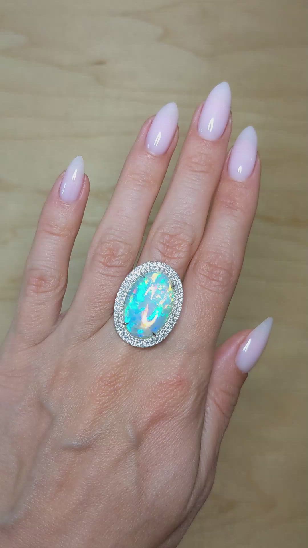 9.21 Ct. Opal Natural Diamond Pave Ring, 14K White Gold Size Video