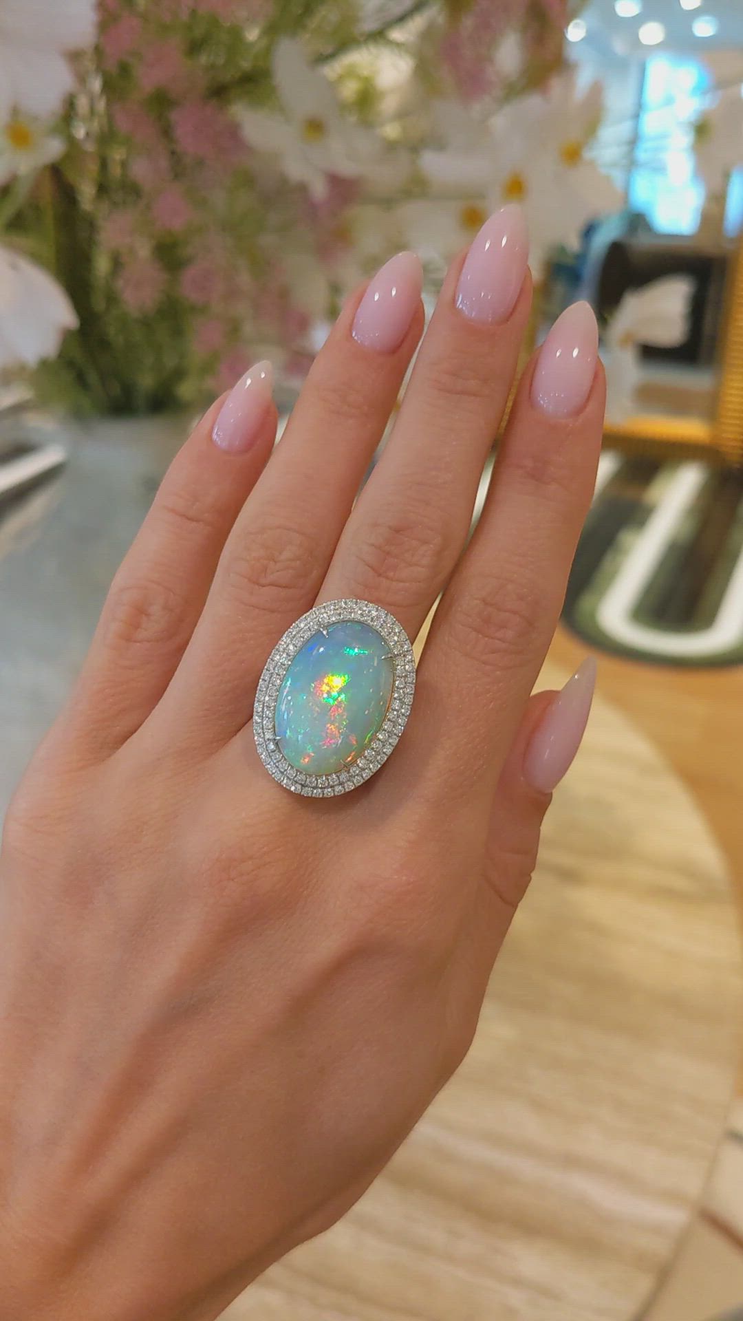 9.21 Ct. Opal Natural Diamond Pave Ring, 14K White Gold Size Video