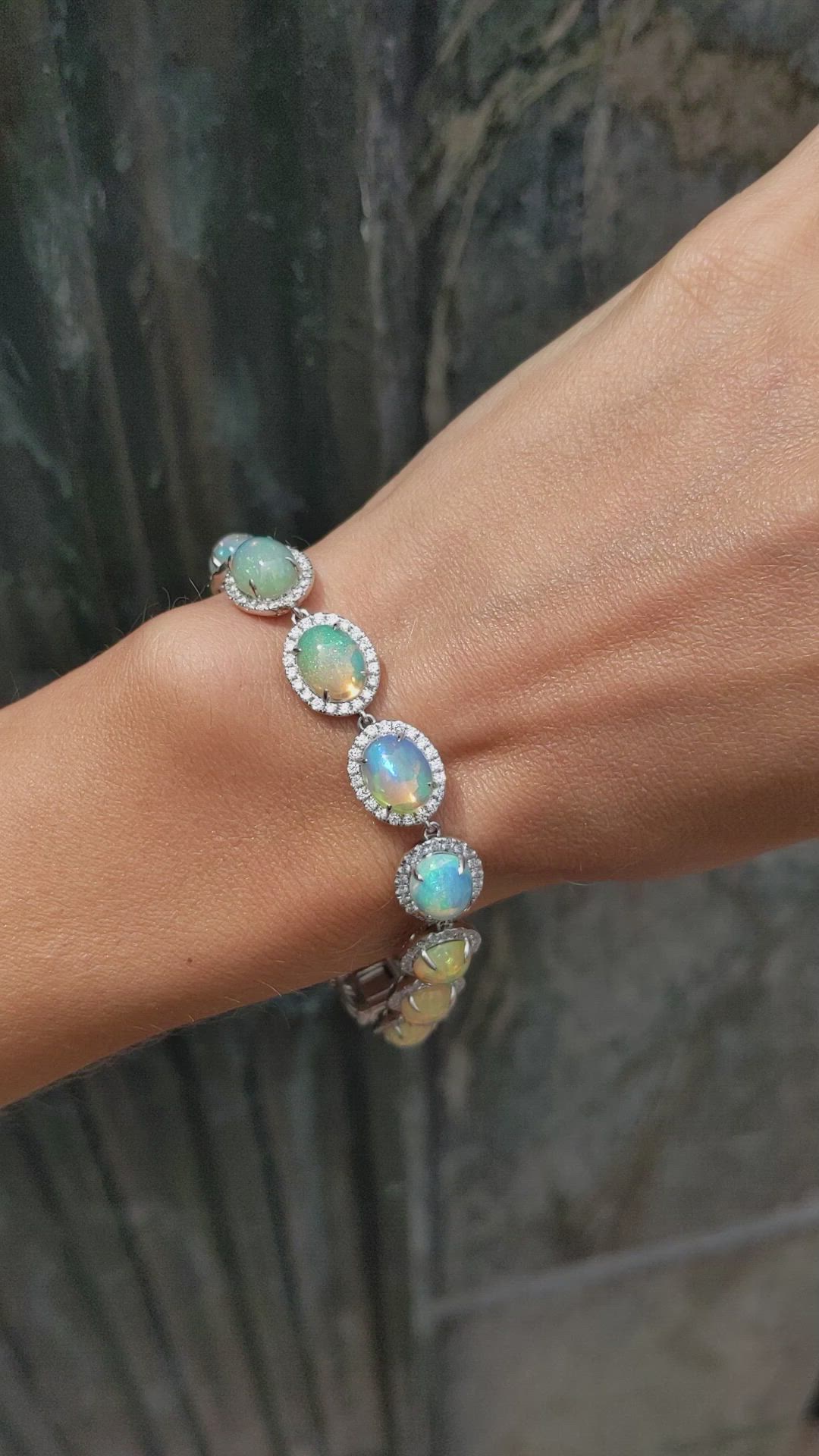 14.30 Ct.Tw. Opal Natural Diamond Pave Bracelet, 14K White Gold Size Video