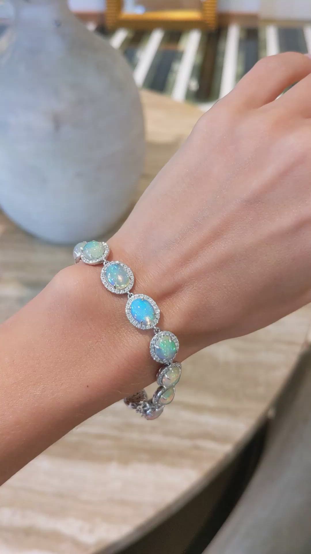 14.30 Ct.Tw. Opal Natural Diamond Pave Bracelet, 14K White Gold Size Video