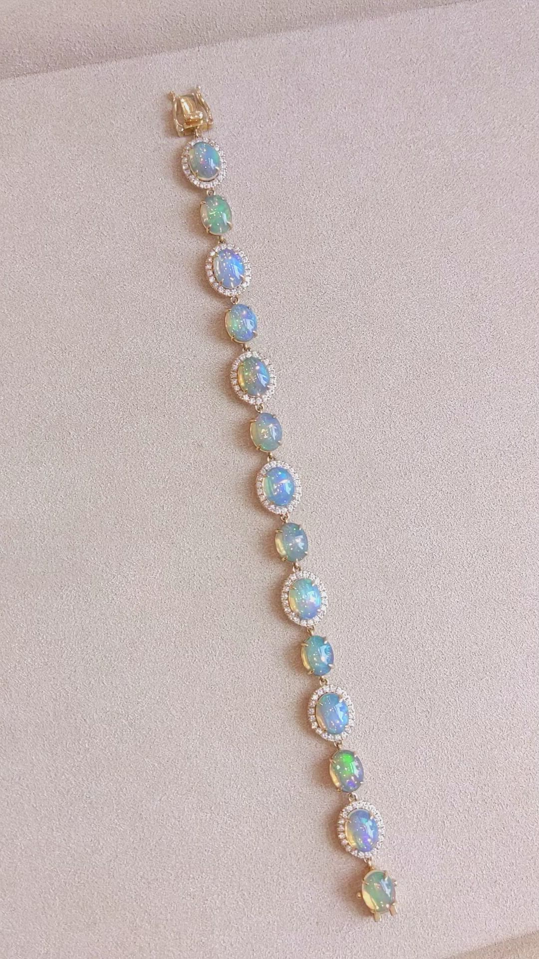 15.30 Ct.Tw.Total Carat Weight Opal Natural Diamond Pave Bracelet, 14K Yellow Gold Size Video