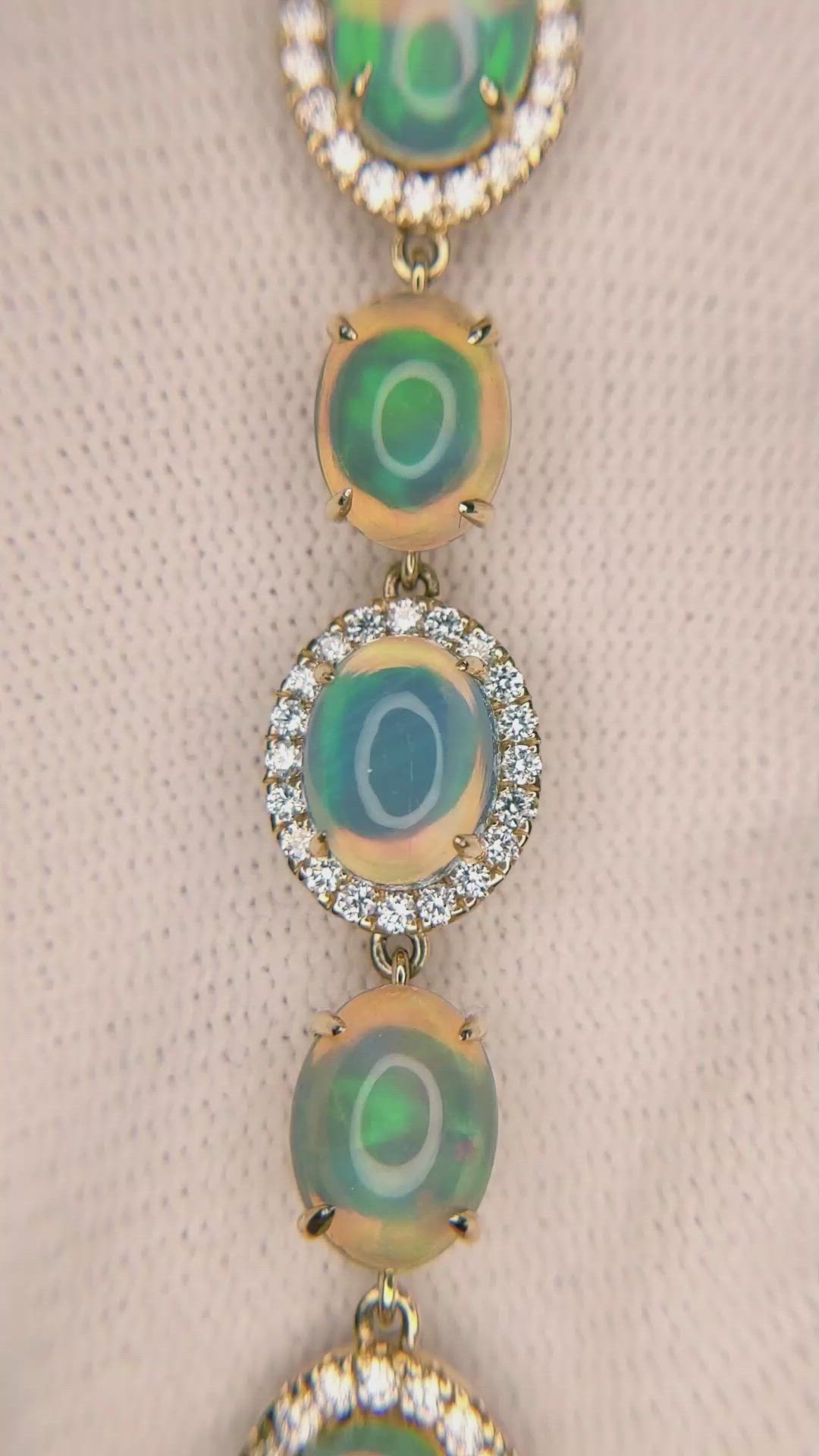 15.30 Ct.Tw.Total Carat Weight Opal Natural Diamond Pave Bracelet, 14K Yellow Gold Size Video