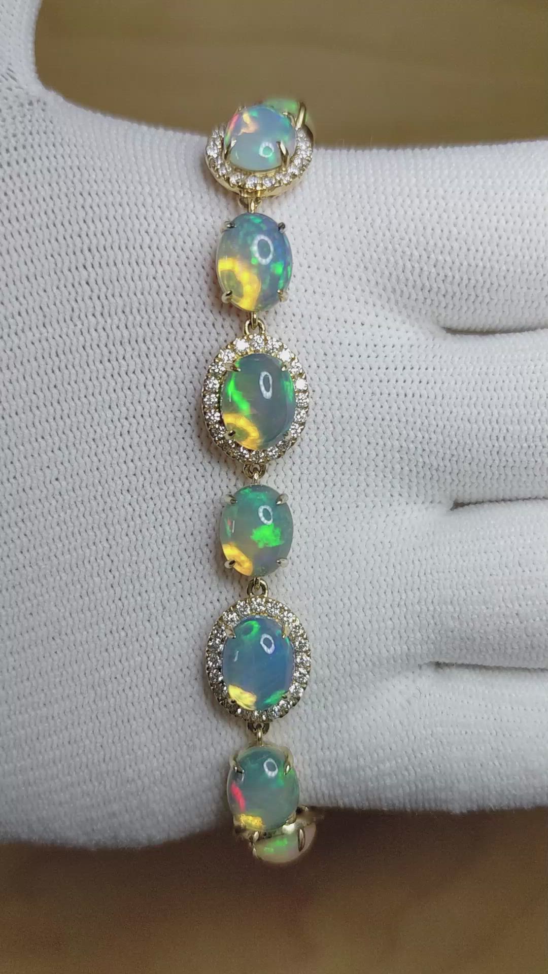 15.30 Ct.Tw.Total Carat Weight Opal Natural Diamond Pave Bracelet, 14K Yellow Gold Size Video