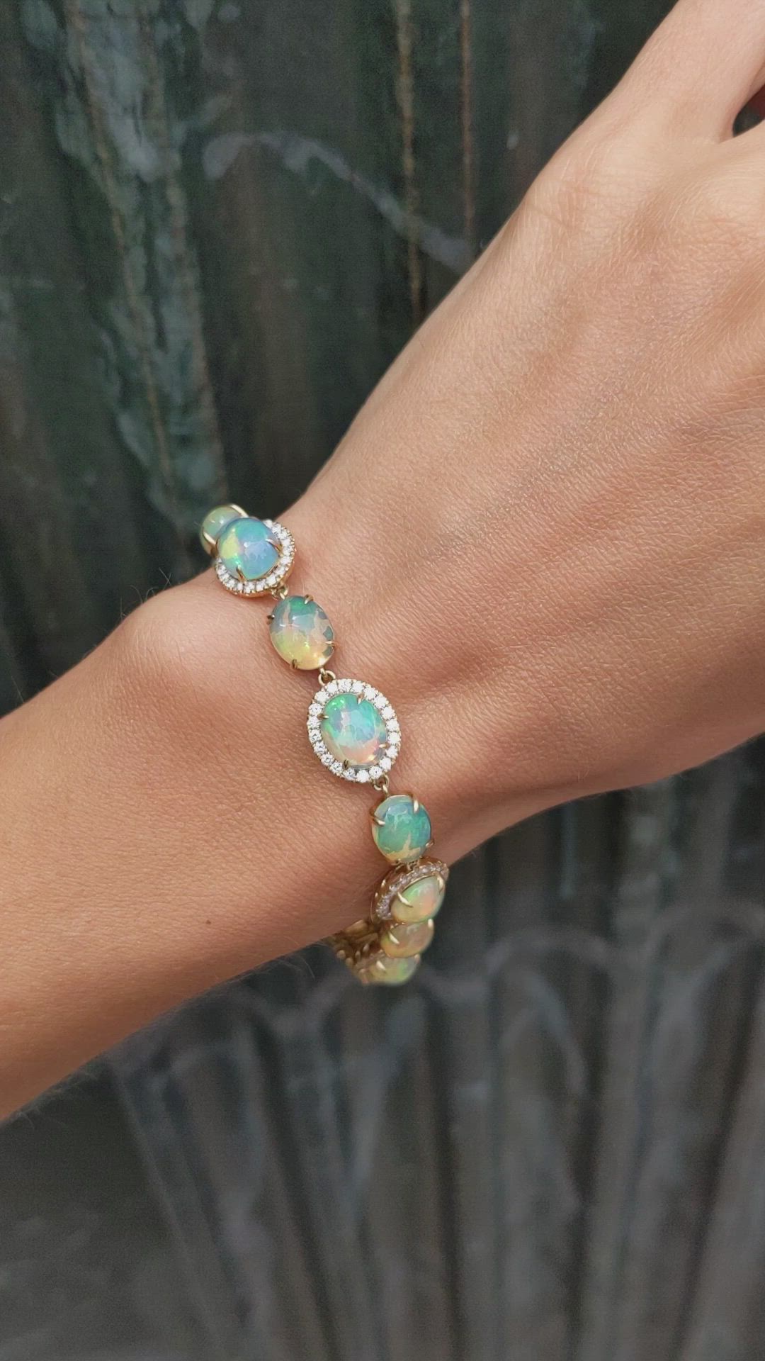 15.30 Ct.Tw.Total Carat Weight Opal Natural Diamond Pave Bracelet, 14K Yellow Gold Size Video