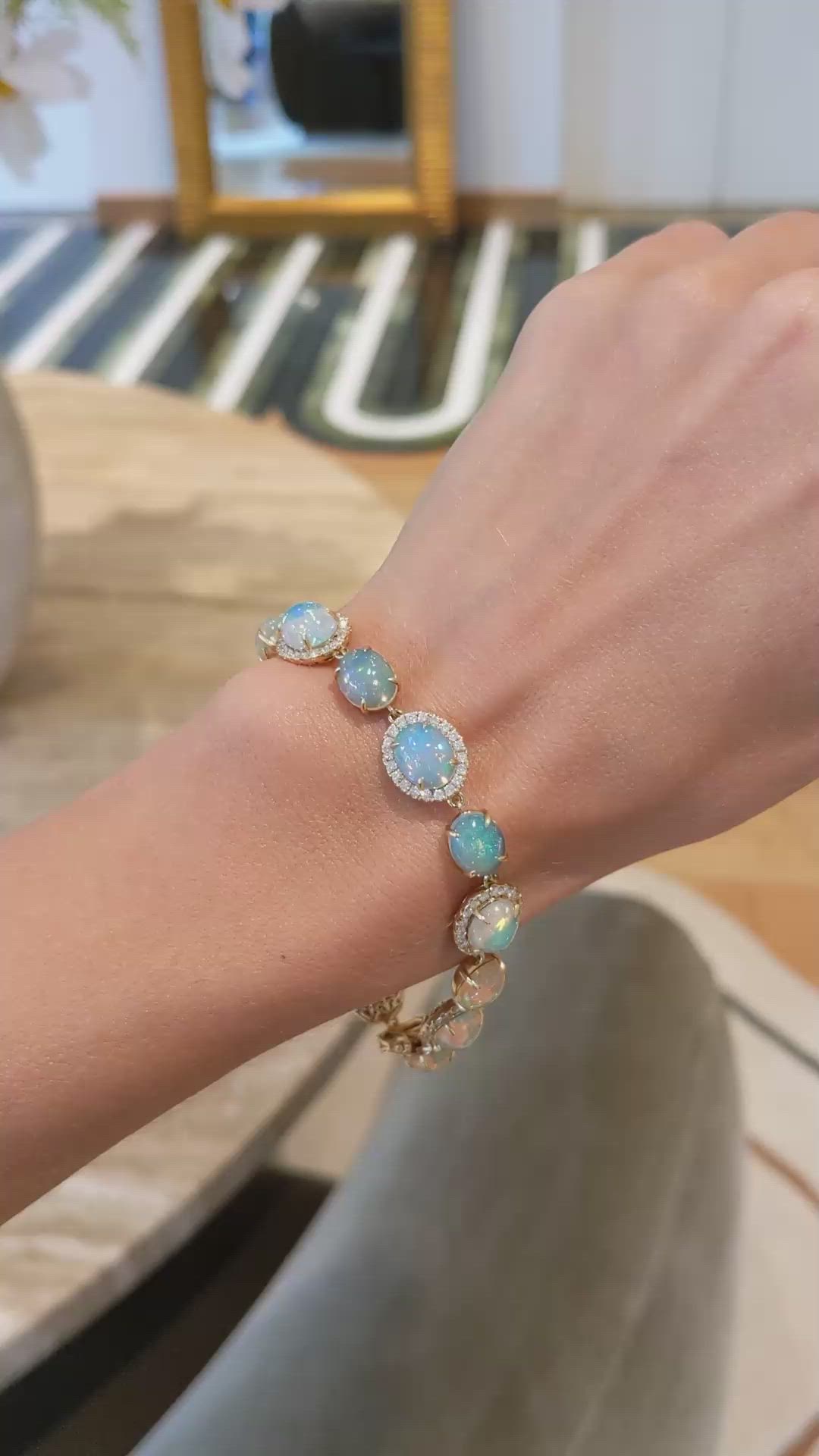 15.30 Ct.Tw.Total Carat Weight Opal Natural Diamond Pave Bracelet, 14K Yellow Gold Size Video