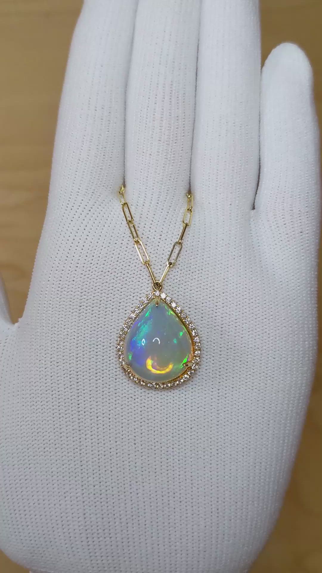 9.00 Ct. Opal Natural Diamond Pave Pendant, 18K Yellow Gold Size Video