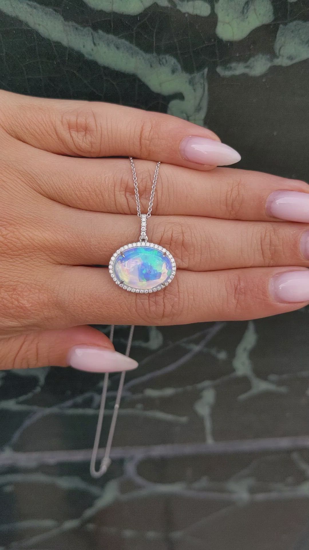 5.83 Ct. Opal Natural Diamond Pave Pendant, 14K White Gold Size Video