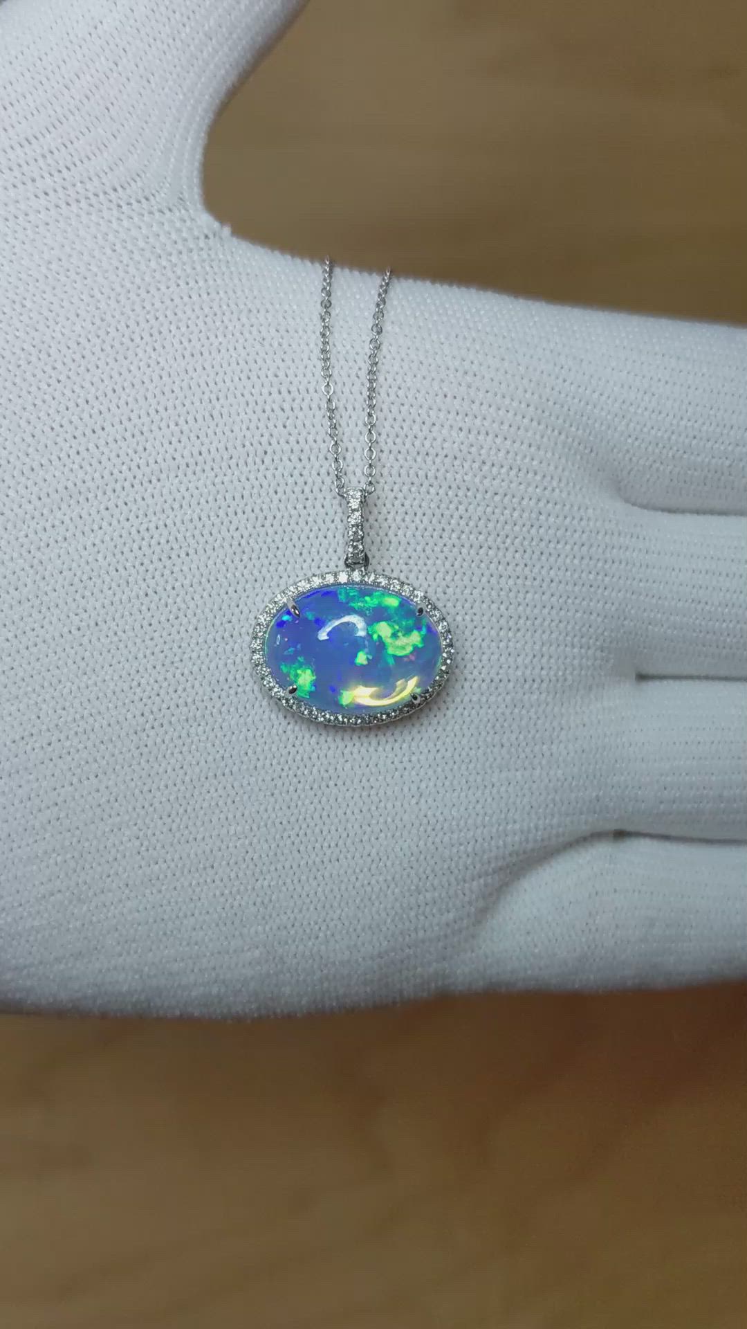 5.83 Ct. Opal Natural Diamond Pave Pendant, 14K White Gold Size Video