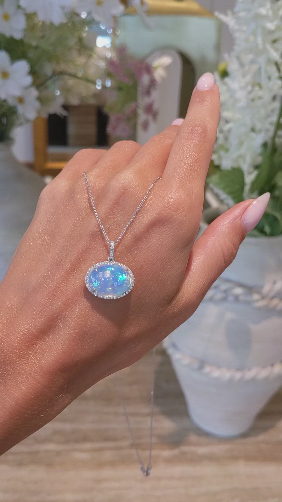 5.83 Ct. Opal Natural Diamond Pave Pendant, 14K White Gold Size Video