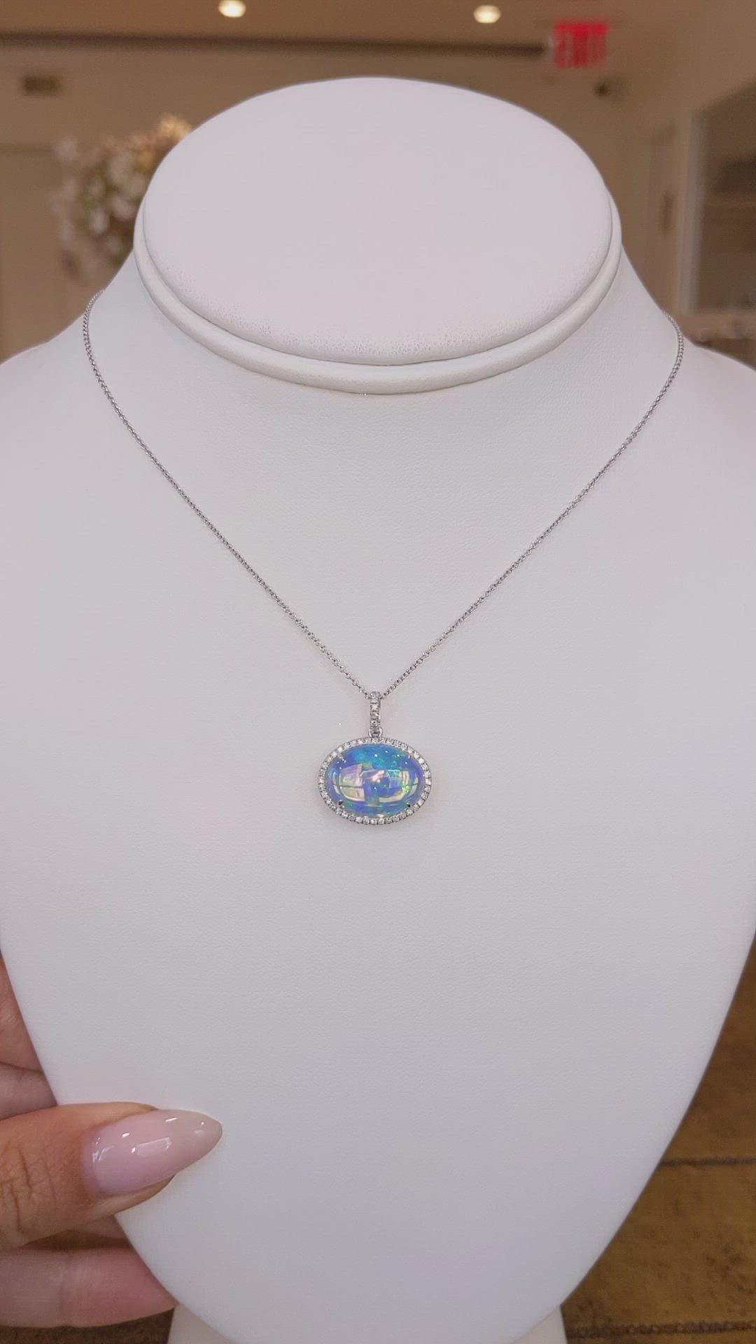 5.83 Ct. Opal Natural Diamond Pave Pendant, 14K White Gold Size Video