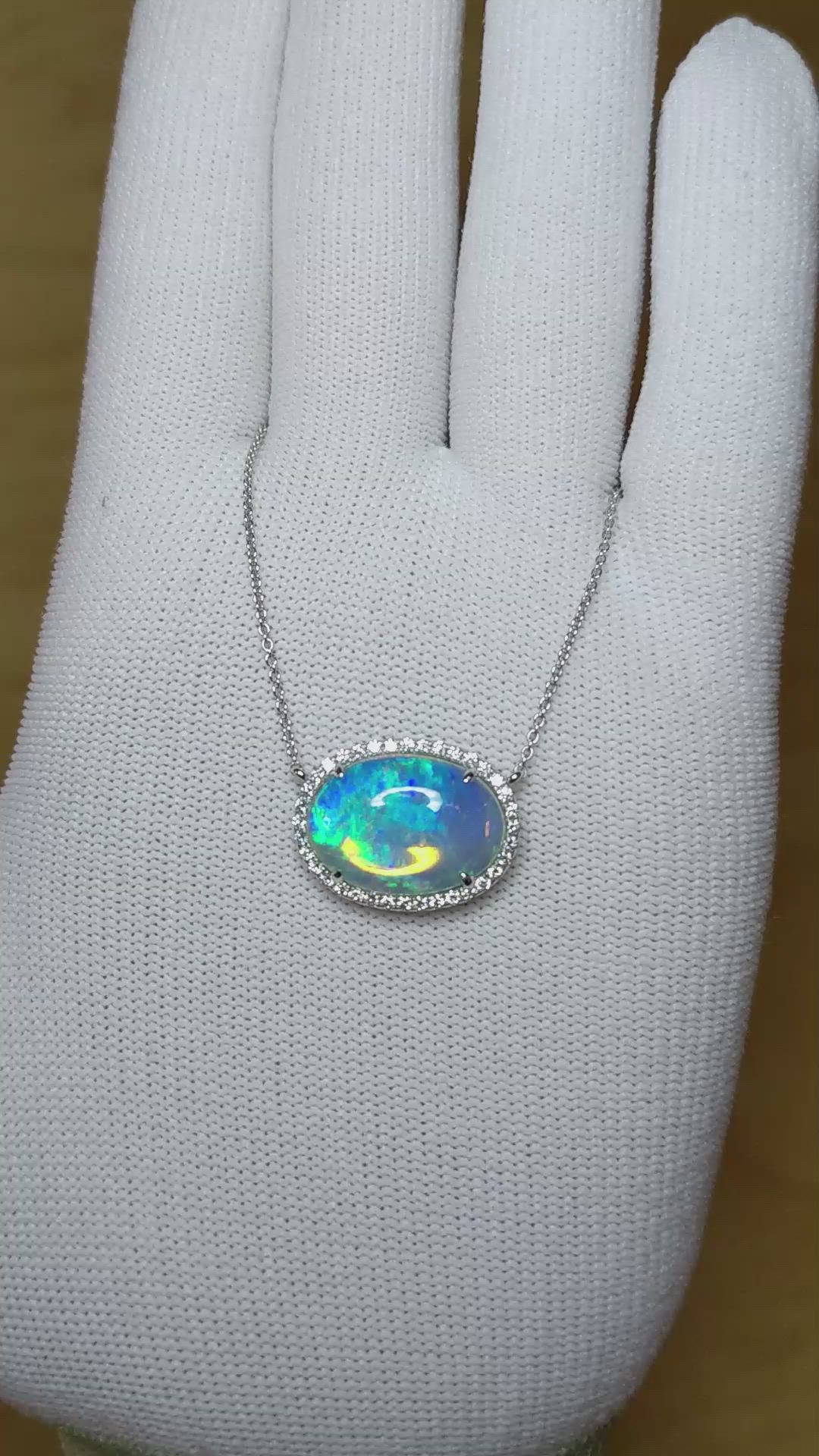 8.11 Ct. Opal Natural Diamond Pave Necklace, 14K White Gold Size Video