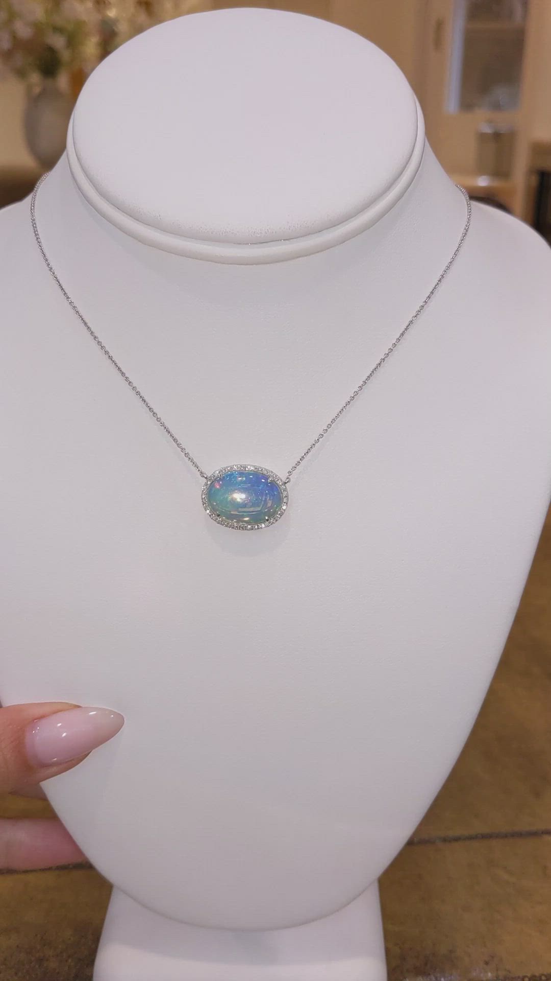 8.11 Ct. Opal Natural Diamond Pave Necklace, 14K White Gold Size Video
